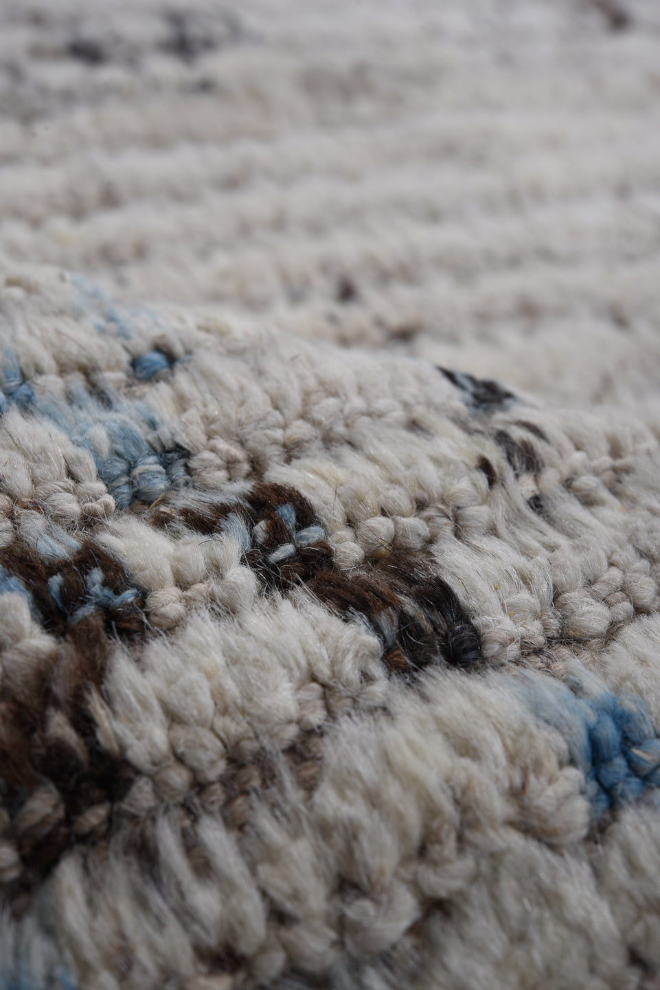 9' x 11' one-of-a-kind handmade vintage Tulu large size rug. Color palette: ivory, blue, gray, charcoal, slate, black