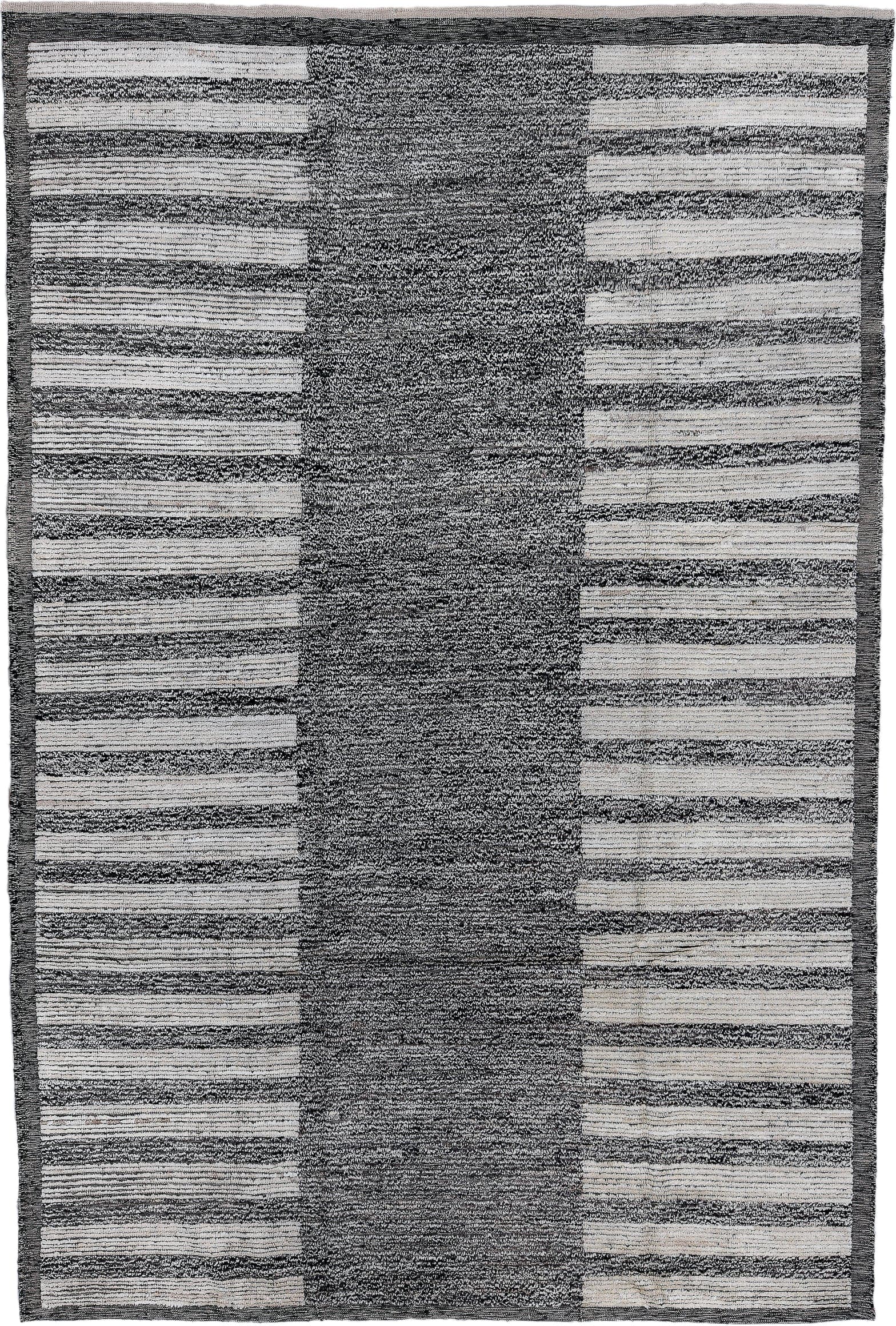 7' x 11' one-of-a-kind handmade vintage Tulu large size rug. Color palette: charcoal, ivory, gray, black