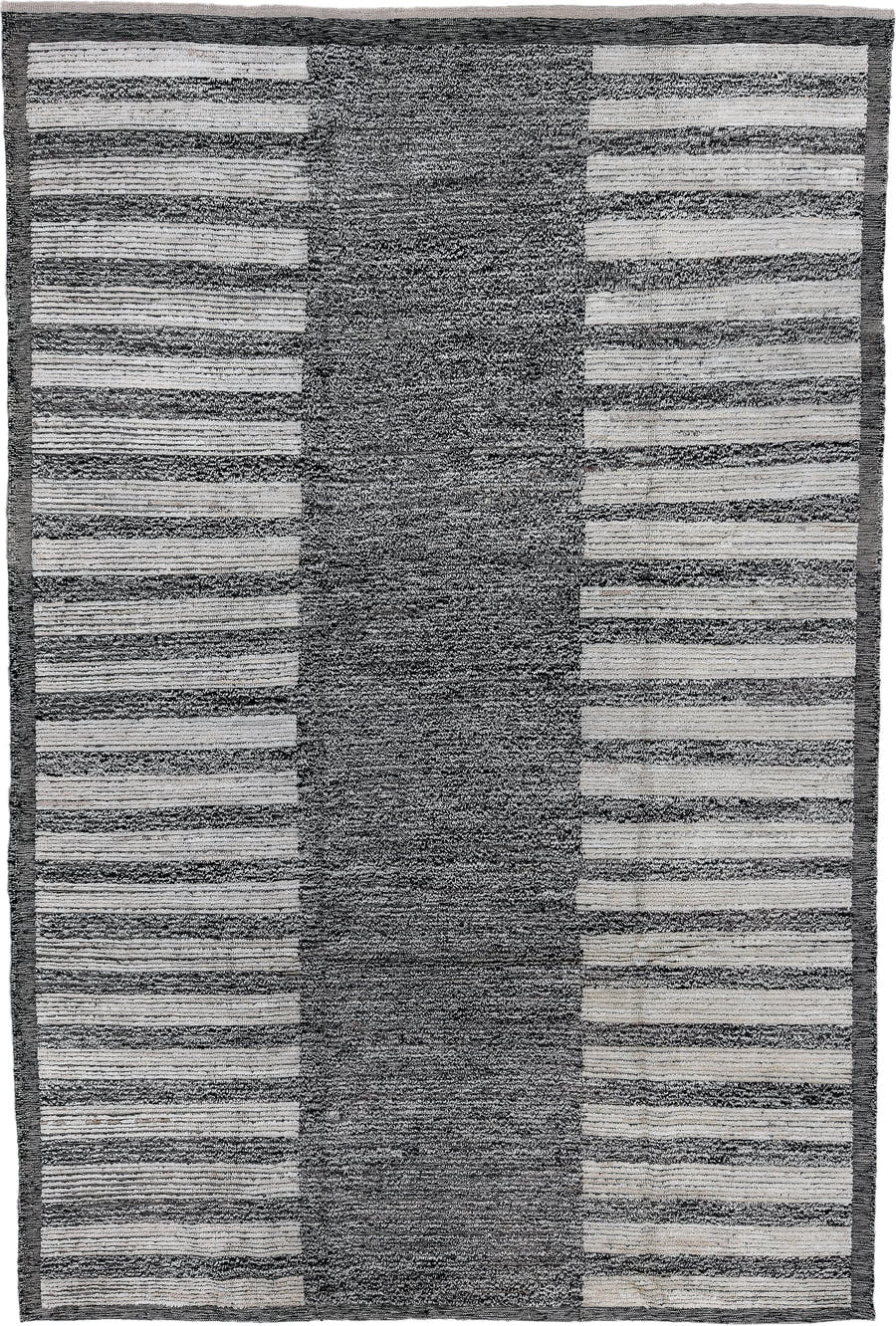 7' x 11' one-of-a-kind handmade vintage Tulu large size rug. Color palette: charcoal, ivory, gray, black