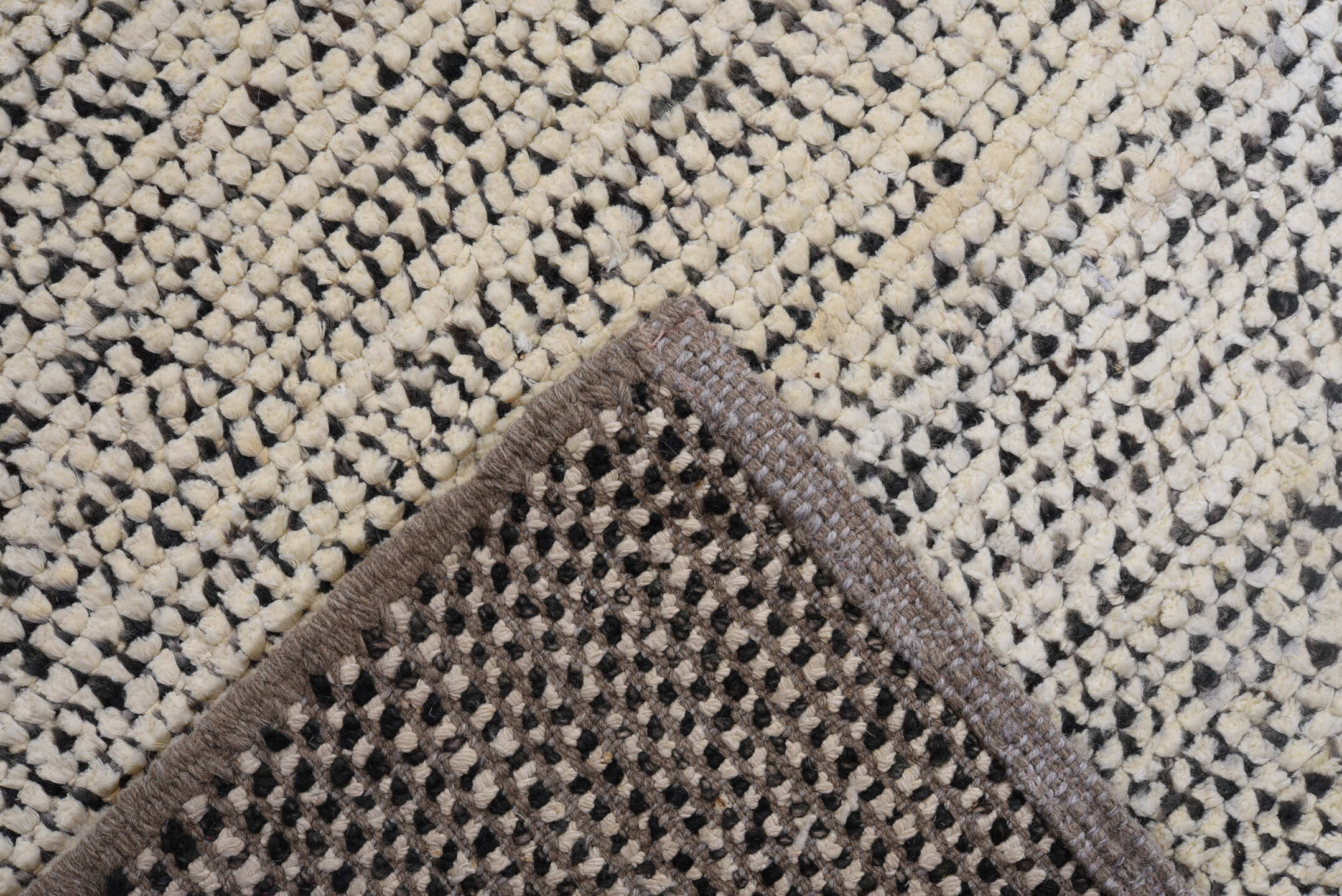 6' x 8' one-of-a-kind handmade vintage Tulu medium size rug. Color palette: ivory, charcoal, gray, cream, taupe, black