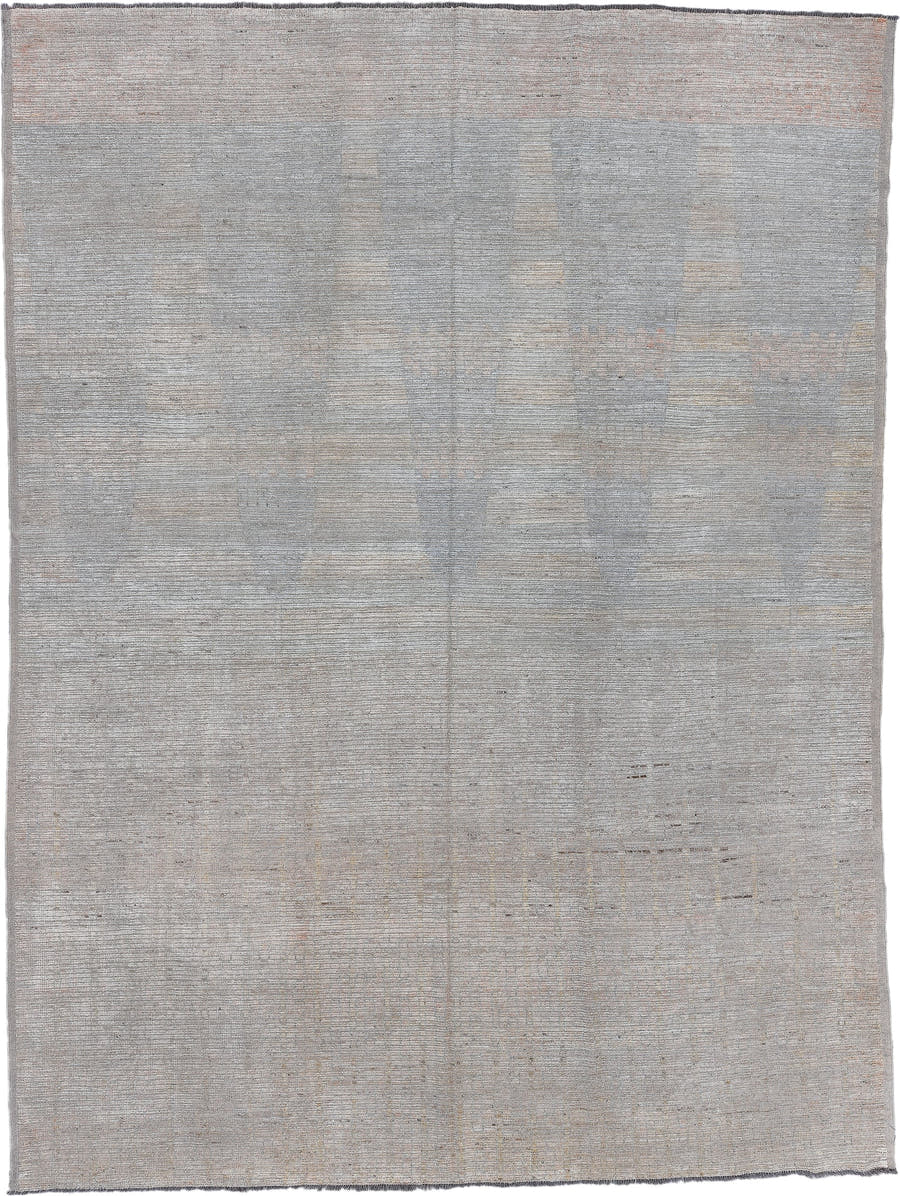 10' x 13' one-of-a-kind handmade vintage Tulu large size rug. Color palette: ivory, taupe, gray, beige, pewter
