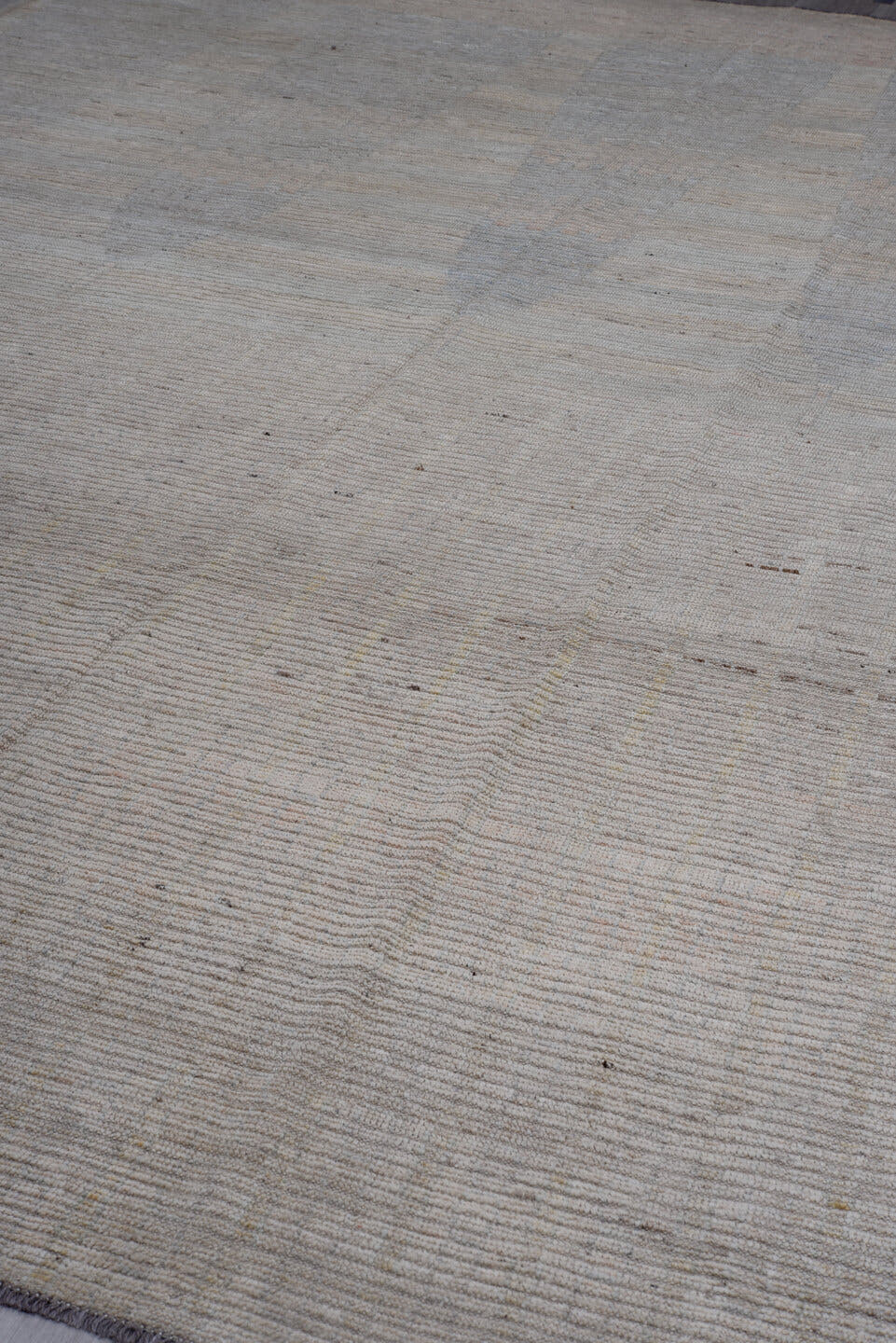 10' x 13' one-of-a-kind handmade vintage Tulu large size rug. Color palette: ivory, taupe, gray, beige, pewter