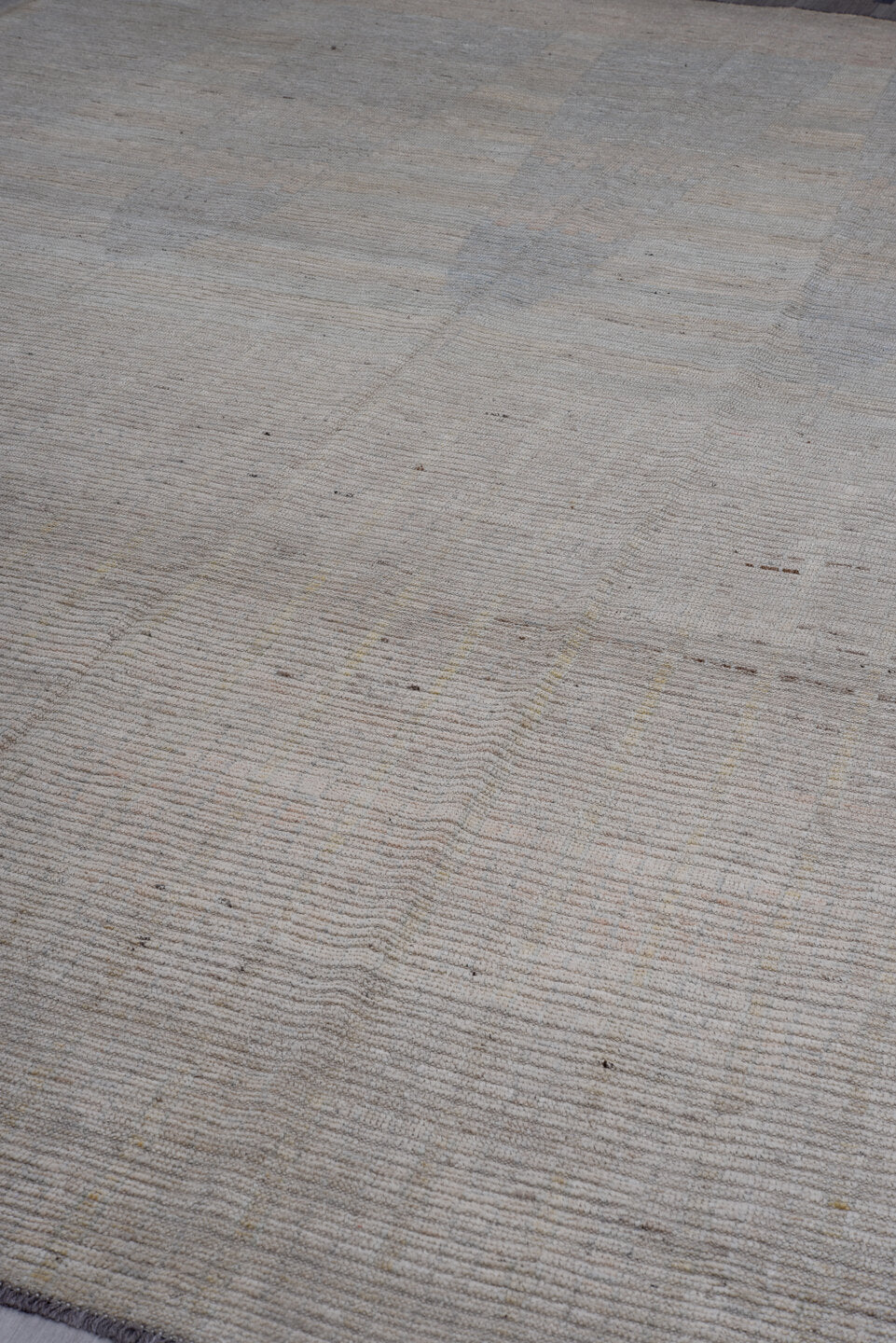 10' x 13' one-of-a-kind handmade vintage Tulu large size rug. Color palette: ivory, taupe, gray, beige, pewter