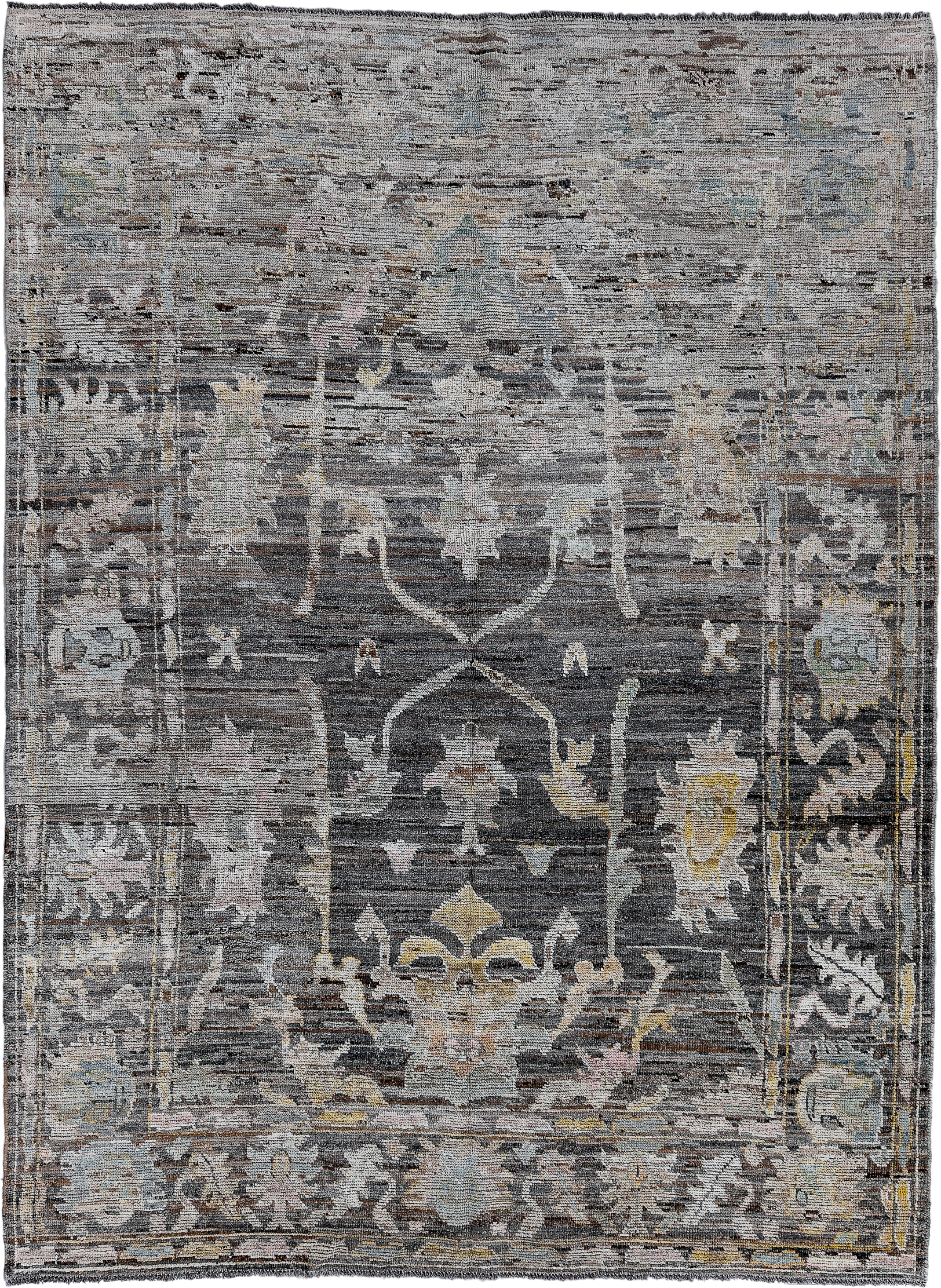 6' x 9' one-of-a-kind handmade vintage Tulu medium size rug. Color palette: charcoal, ivory, gray, taupe, gold, sage, rose