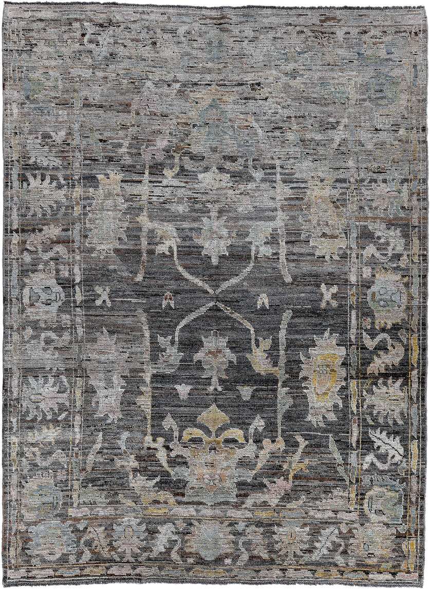 6' x 9' one-of-a-kind handmade vintage Tulu medium size rug. Color palette: charcoal, ivory, gray, taupe, gold, sage, rose