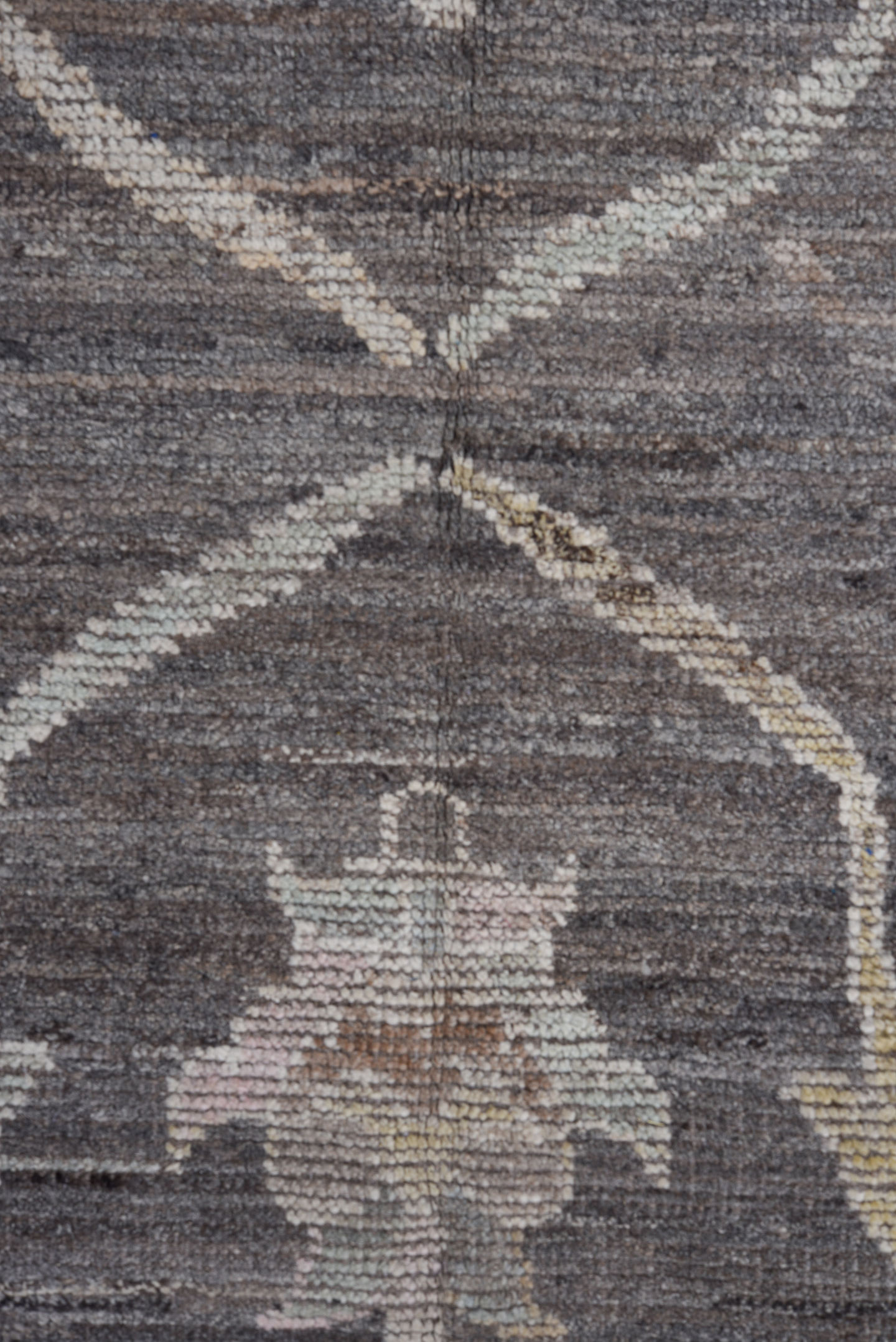 6' x 9' one-of-a-kind handmade vintage Tulu medium size rug. Color palette: charcoal, ivory, gray, taupe, gold, sage, rose