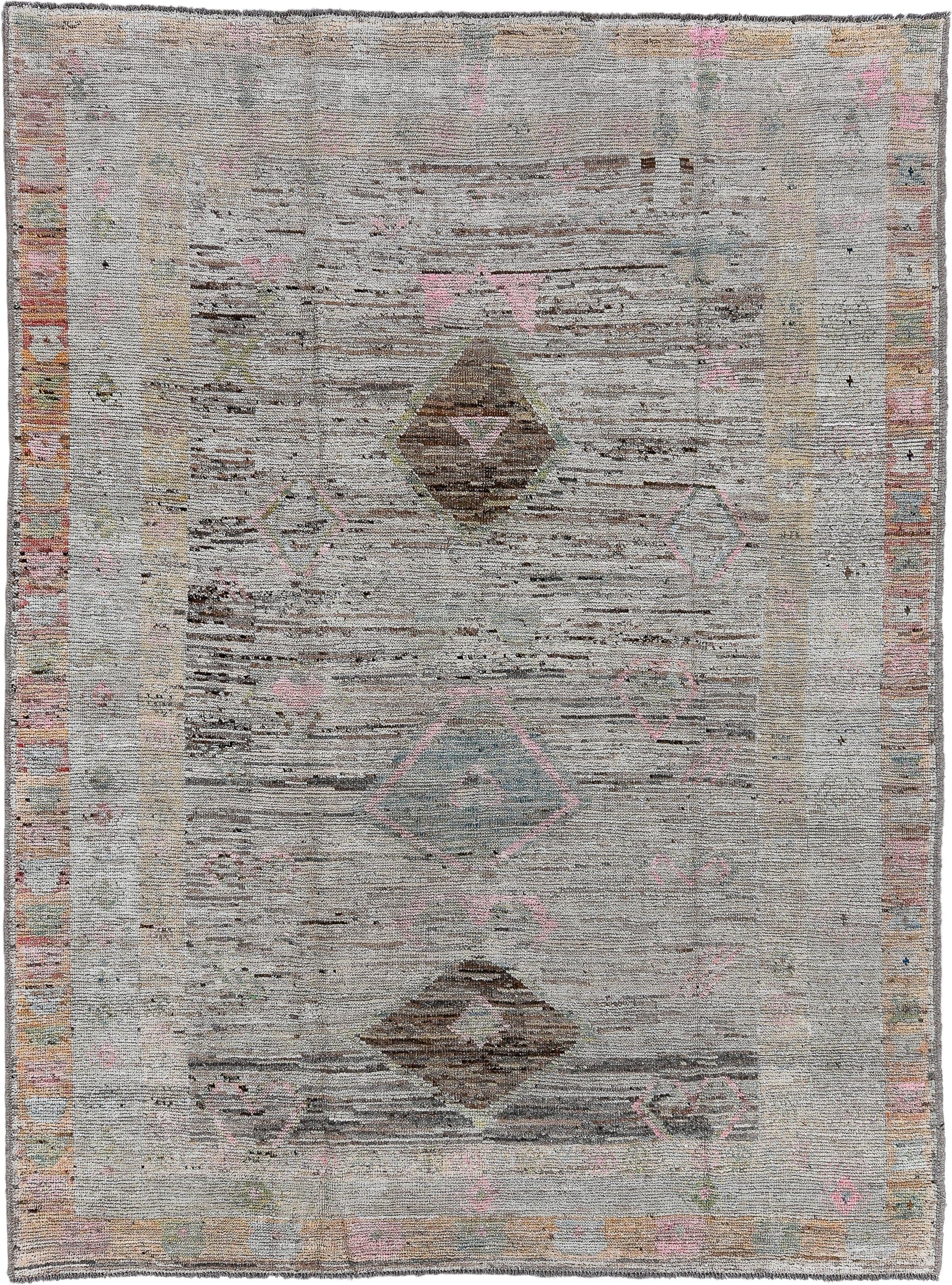 7' x 9' one-of-a-kind handmade vintage Tulu rug. Color palette: ivory, taupe, brown, blush, sage, camel, gray, beige, pink