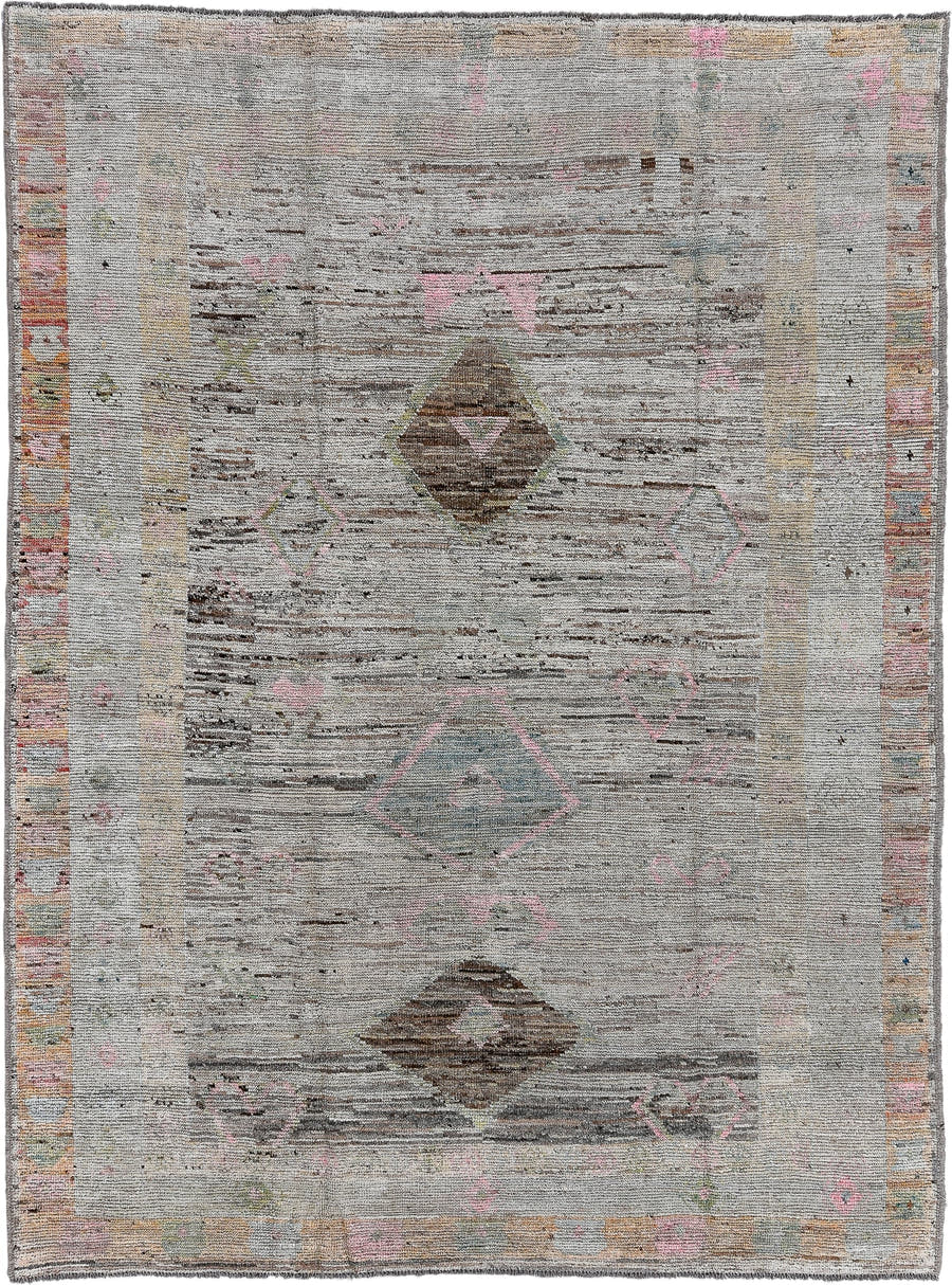 7' x 9' one-of-a-kind handmade vintage Tulu rug. Color palette: ivory, taupe, brown, blush, sage, camel, gray, beige, pink
