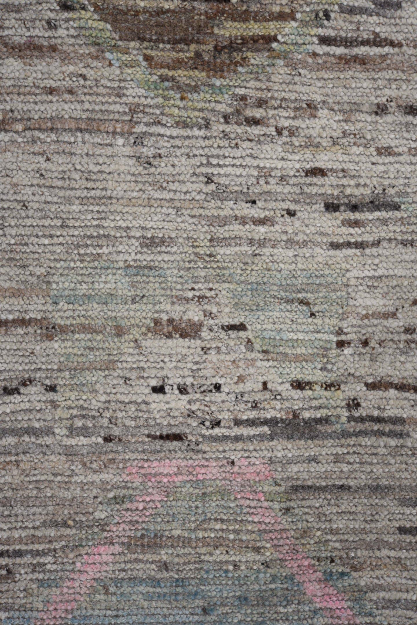 7' x 9' one-of-a-kind handmade vintage Tulu rug. Color palette: ivory, taupe, brown, blush, sage, camel, gray, beige, pink