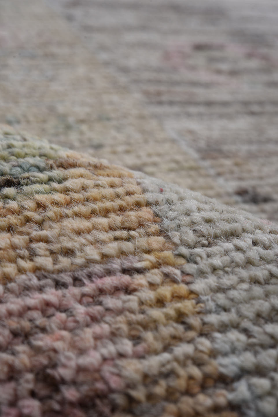 7' x 9' one-of-a-kind handmade vintage Tulu rug. Color palette: ivory, taupe, brown, blush, sage, camel, gray, beige, pink
