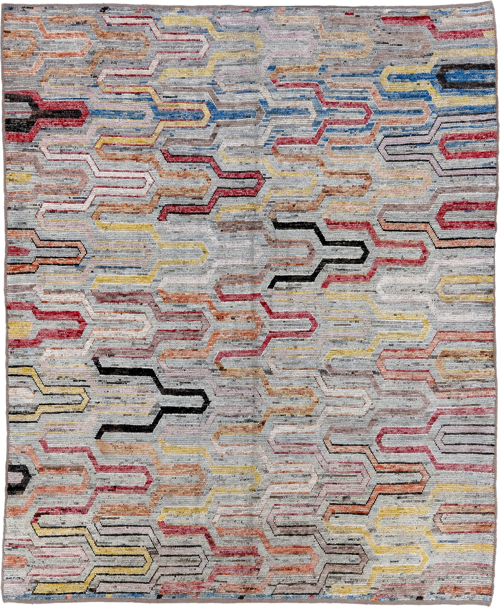 7' x 9' one-of-a-kind handmade vintage Tulu rug. Color palette: ivory, gray, rust, red, yellow, blue, charcoal, peach