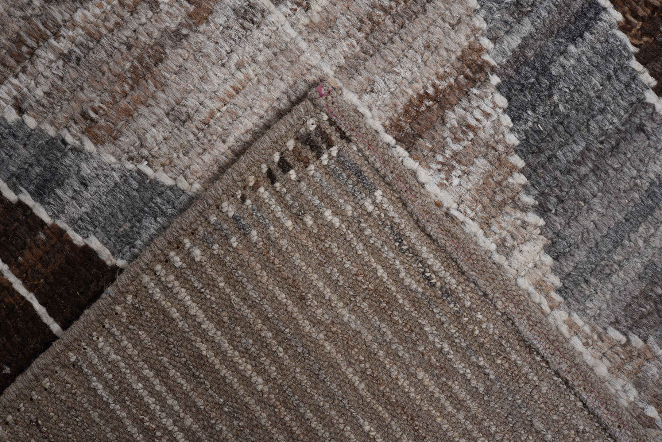 6' x 8' one-of-a-kind handmade vintage Tulu medium size rug. Color palette: taupe, brown, gray, ivory, charcoal, beige