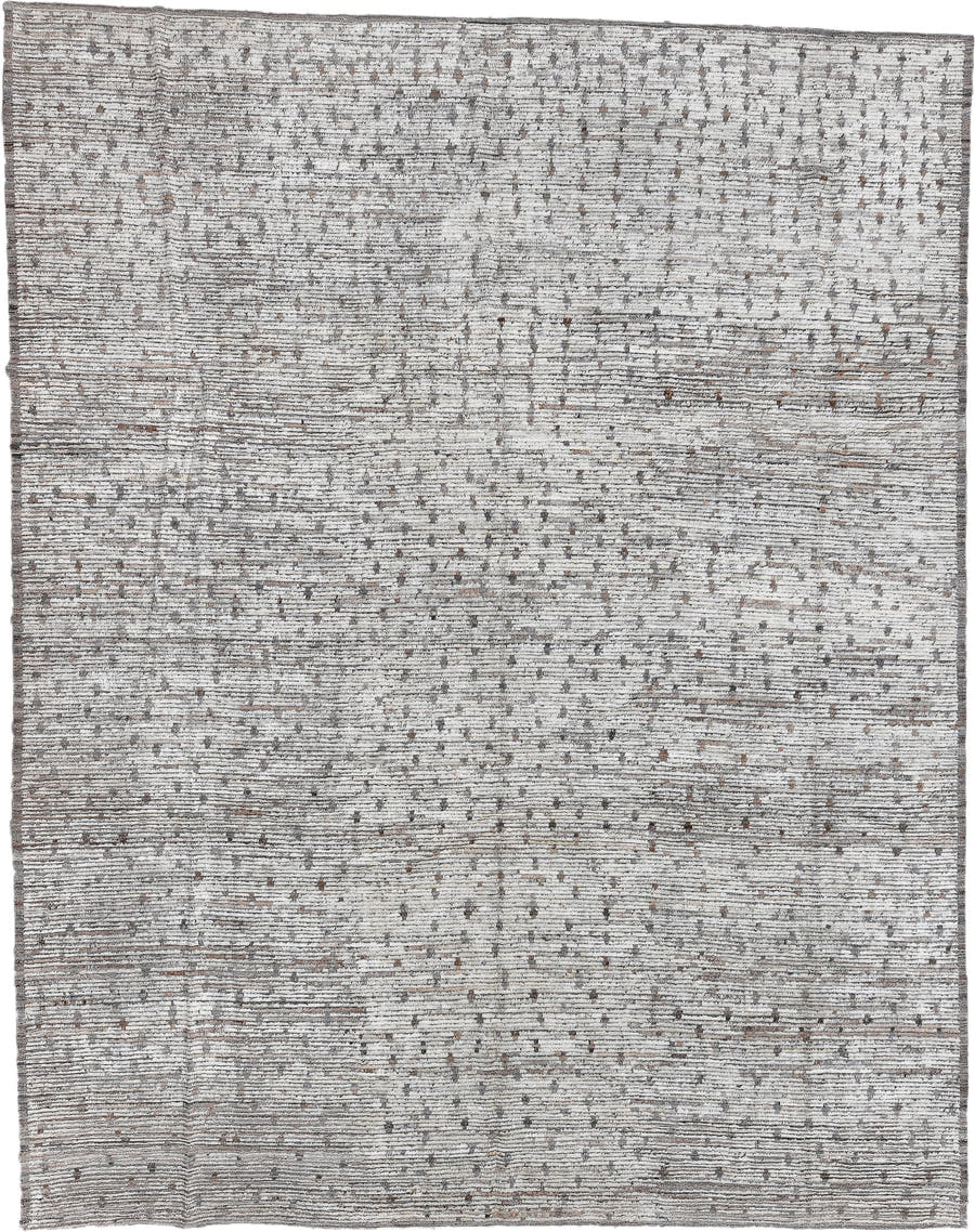 9' x 11' one-of-a-kind handmade vintage Tulu large size rug. Color palette: ivory, taupe, brown, gray, beige