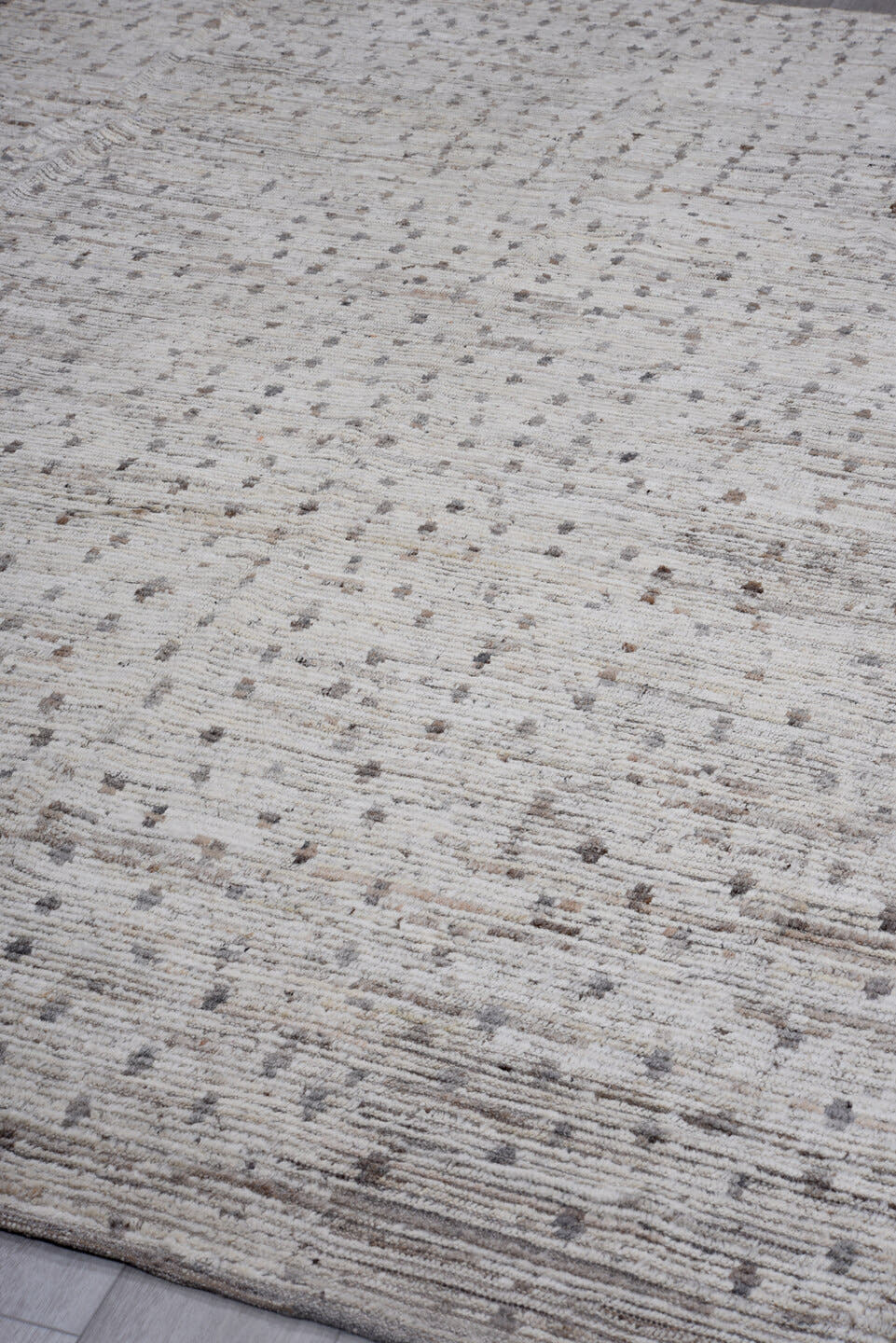 9' x 11' one-of-a-kind handmade vintage Tulu large size rug. Color palette: ivory, taupe, brown, gray, beige