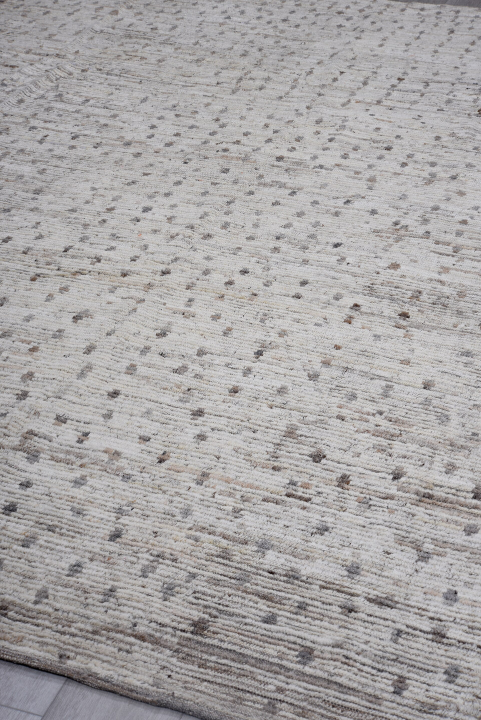9' x 11' one-of-a-kind handmade vintage Tulu large size rug. Color palette: ivory, taupe, brown, gray, beige