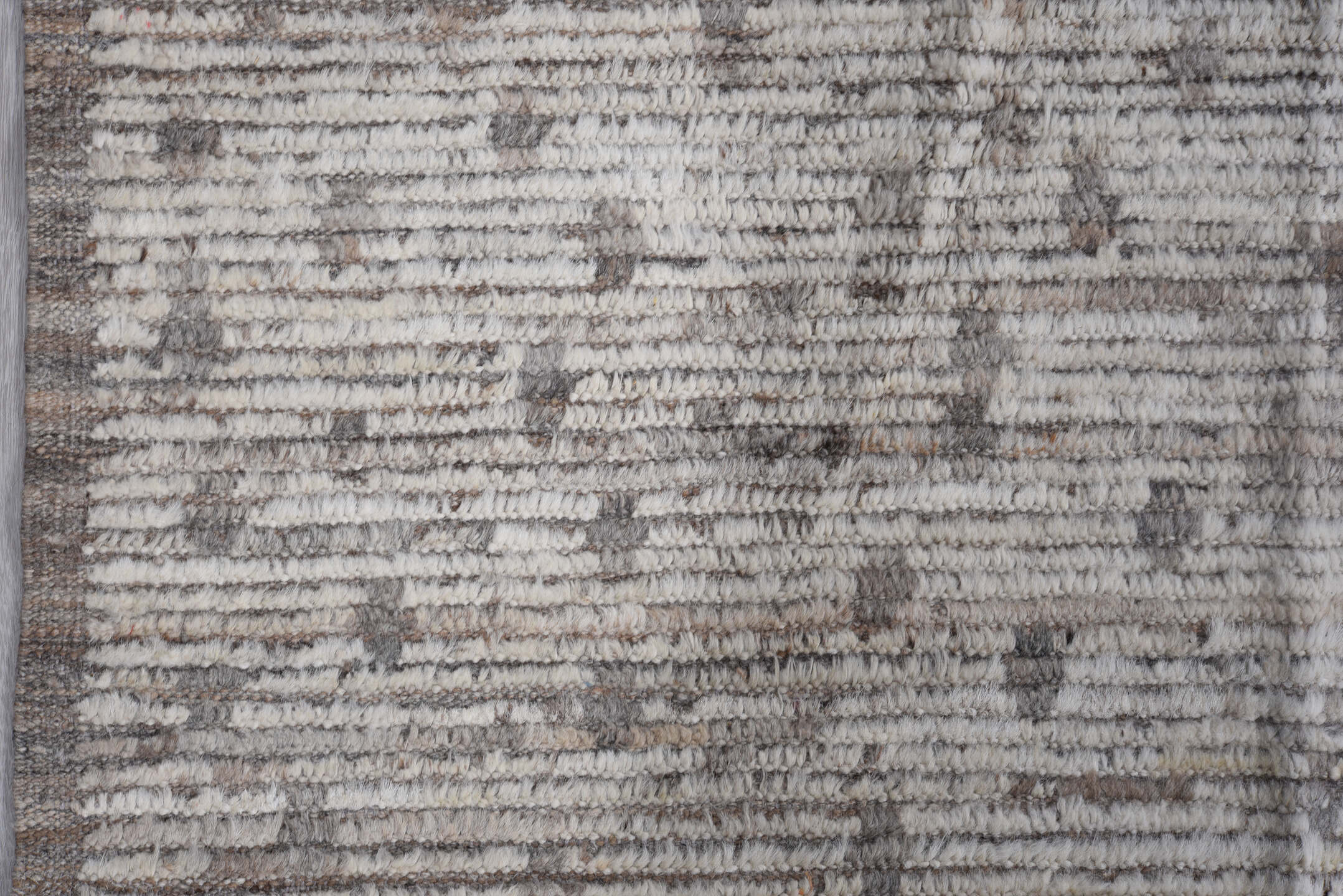 9' x 11' one-of-a-kind handmade vintage Tulu large size rug. Color palette: ivory, taupe, brown, gray, beige