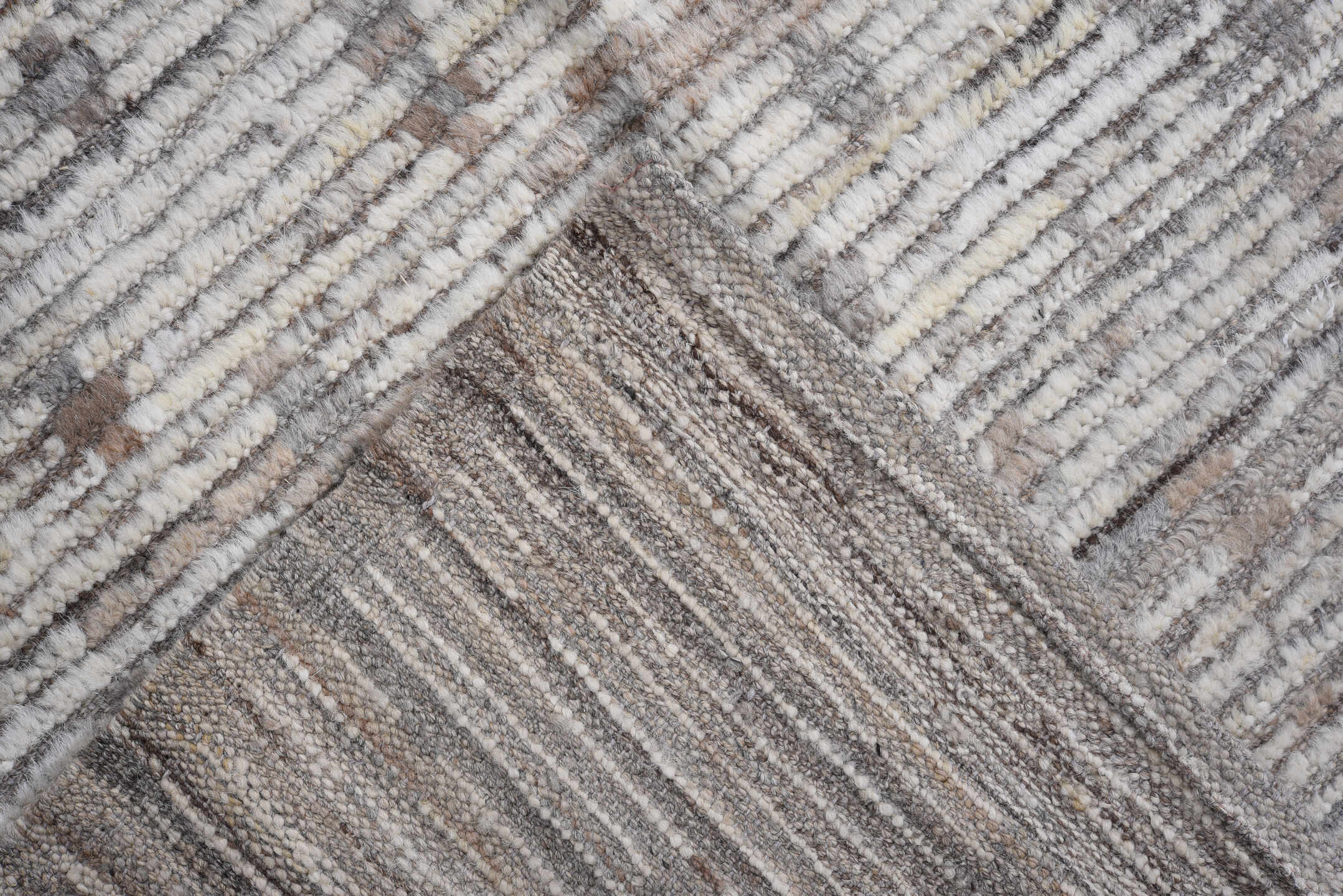 9' x 11' one-of-a-kind handmade vintage Tulu large size rug. Color palette: ivory, taupe, brown, gray, beige