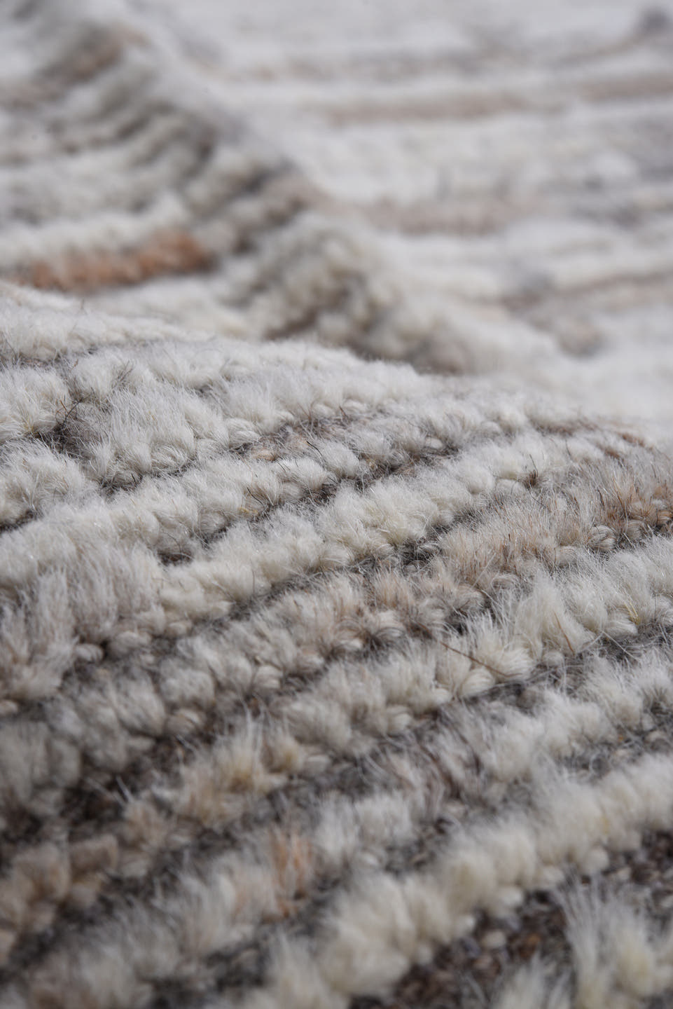 9' x 11' one-of-a-kind handmade vintage Tulu large size rug. Color palette: ivory, taupe, brown, gray, beige