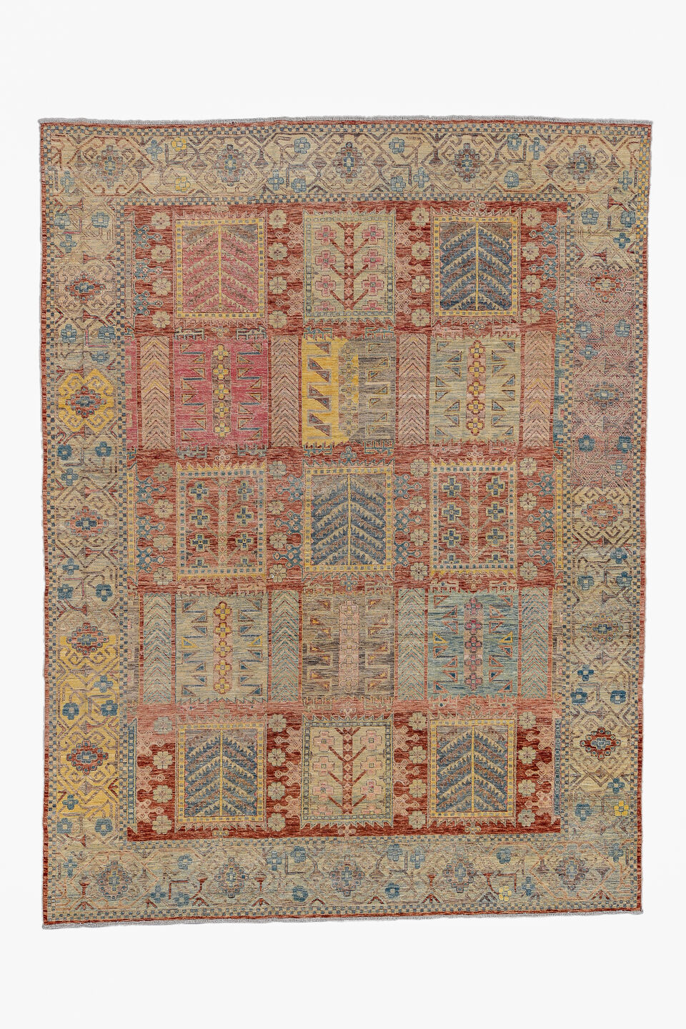 9' x 11' one-of-a-kind handmade vintage Afghan large size rug. Color palette: blue, brown, dim gray, gray, light gray