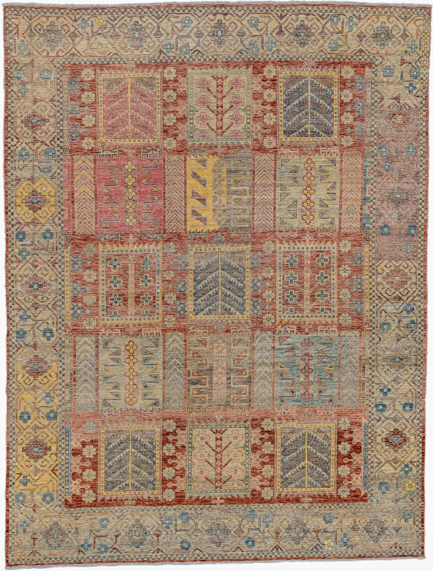 9' x 11' one-of-a-kind handmade vintage Afghan large size rug. Color palette: rust, ivory, sky blue, gold, rose, taupe