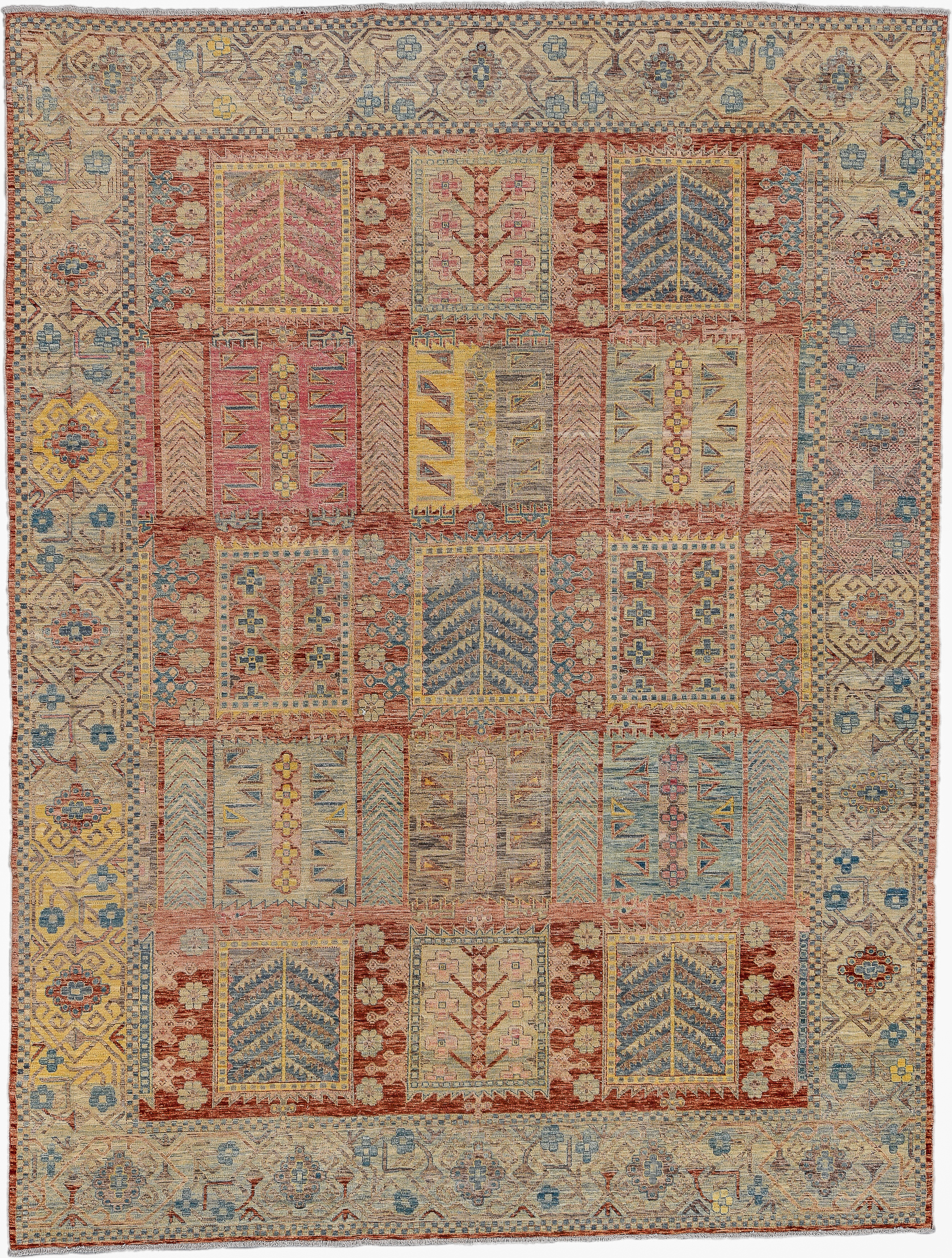 9' x 11' one-of-a-kind handmade vintage Afghan large size rug. Color palette: rust, ivory, sky blue, gold, rose, taupe