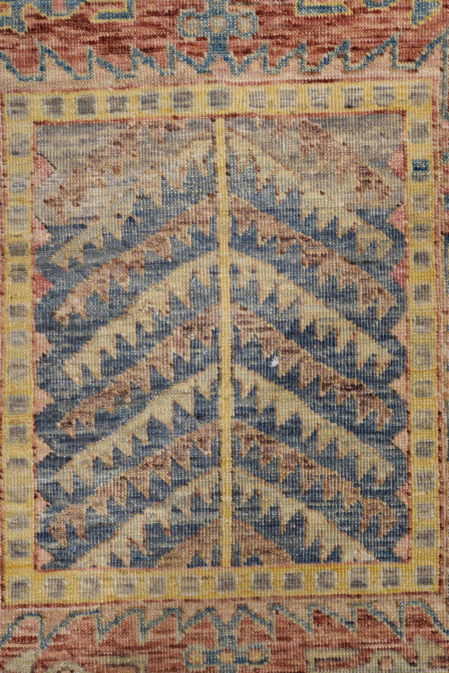 9' x 11' one-of-a-kind handmade vintage Afghan large size rug. Color palette: rust, ivory, sky blue, gold, rose, taupe