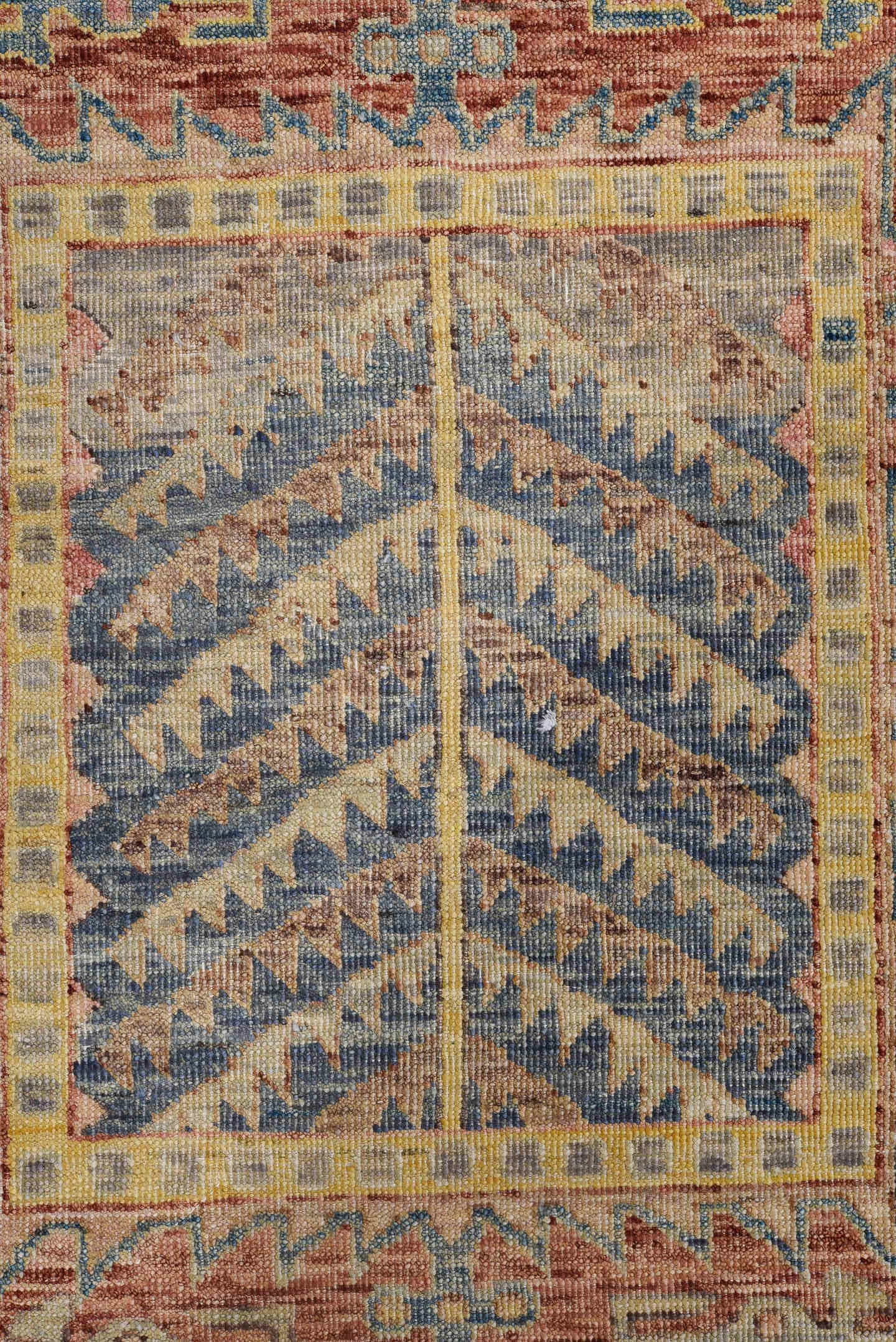 9' x 11' one-of-a-kind handmade vintage Afghan large size rug. Color palette: rust, ivory, sky blue, gold, rose, taupe