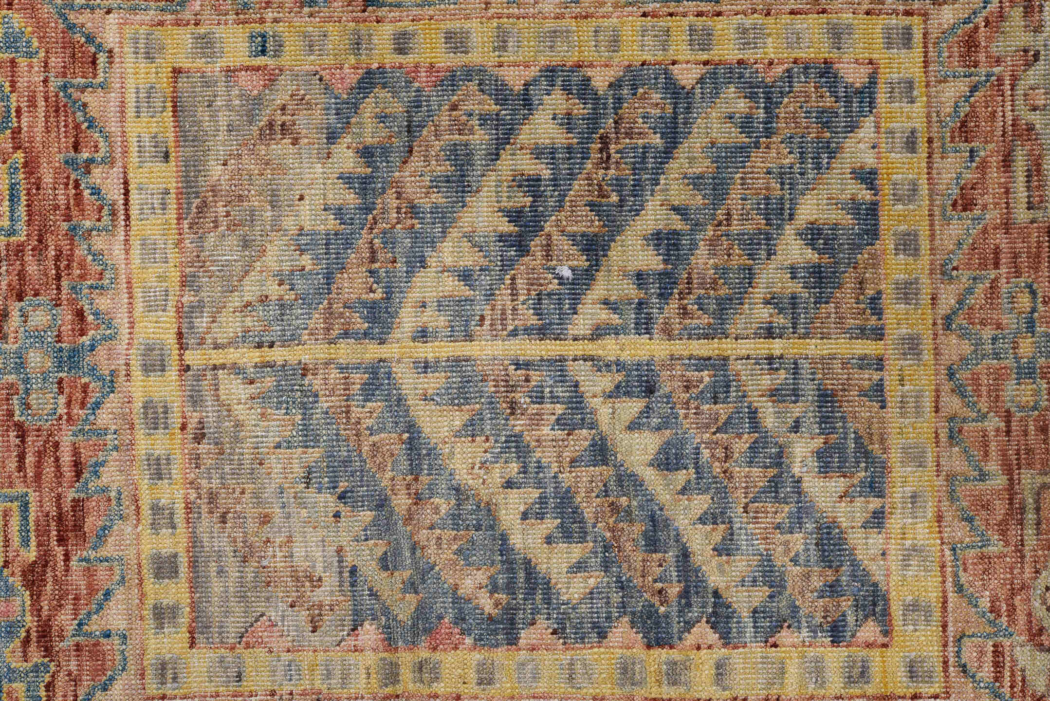 9' x 11' one-of-a-kind handmade vintage Afghan large size rug. Color palette: blue, brown, dim gray, gray, light gray