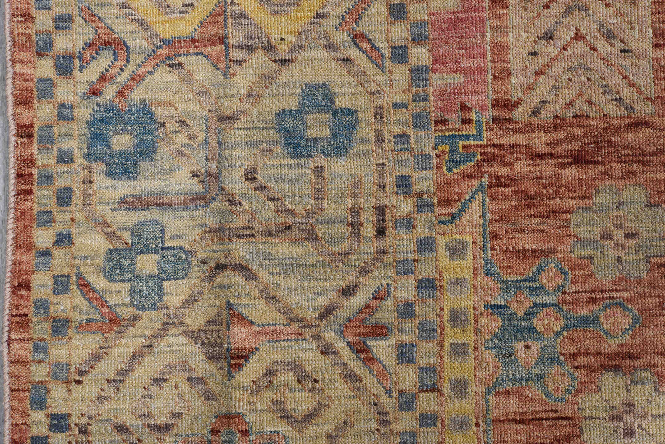 9' x 11' one-of-a-kind handmade vintage Afghan large size rug. Color palette: rust, ivory, sky blue, gold, rose, taupe