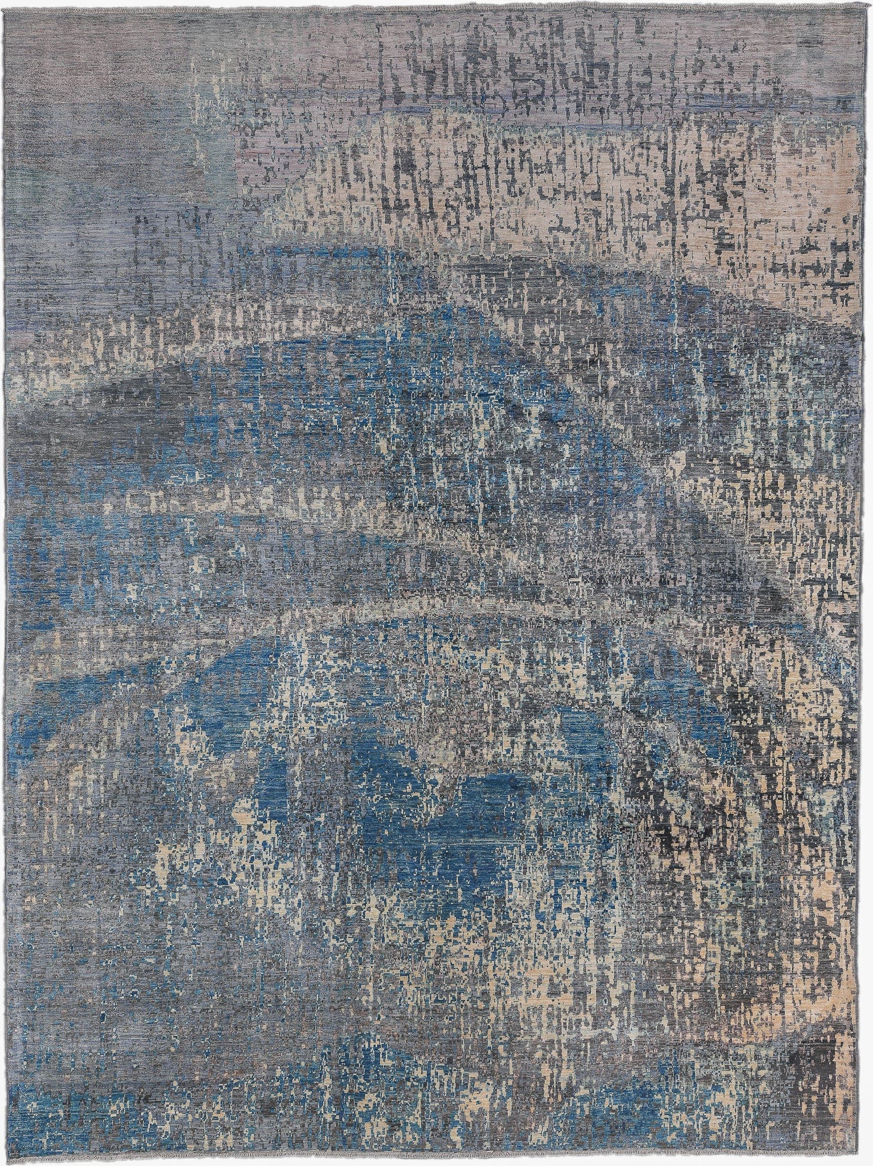 9' x 12' one-of-a-kind handmade vintage Afghan large size rug. Color palette: gray, blue, ivory, charcoal, slate, taupe