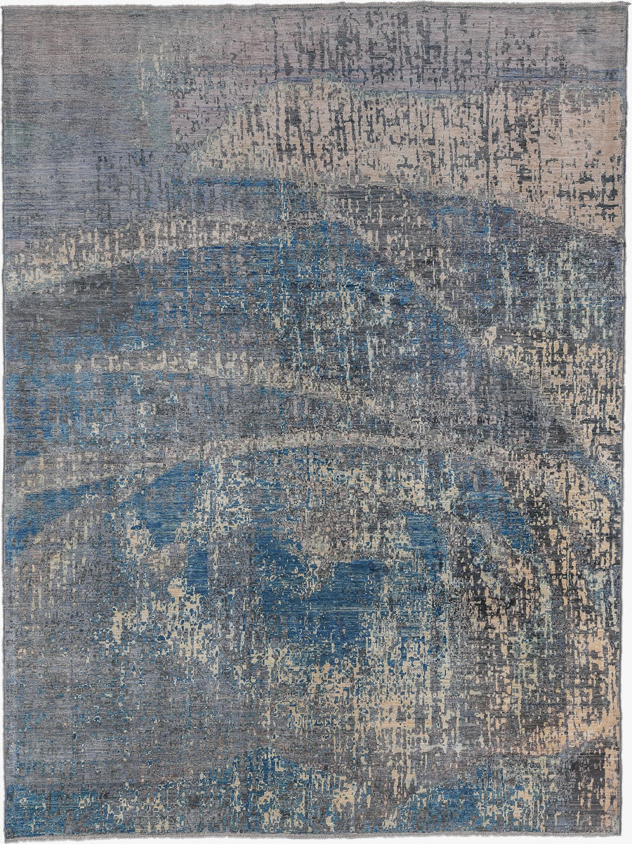 9' x 12' one-of-a-kind handmade vintage Afghan large size rug. Color palette: gray, blue, ivory, charcoal, slate, taupe