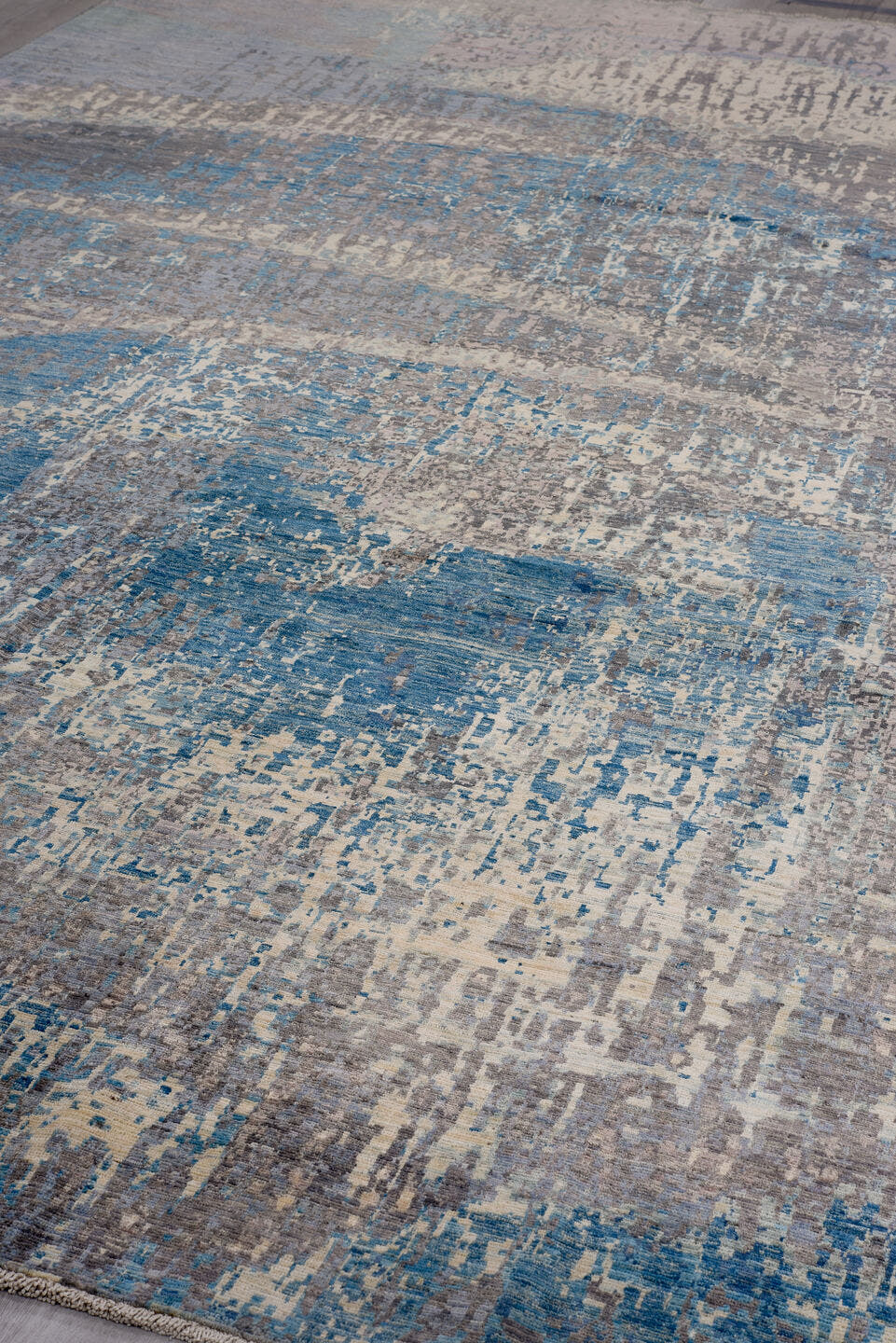9' x 12' one-of-a-kind handmade vintage Afghan large size rug. Color palette: gray, blue, ivory, charcoal, slate, taupe