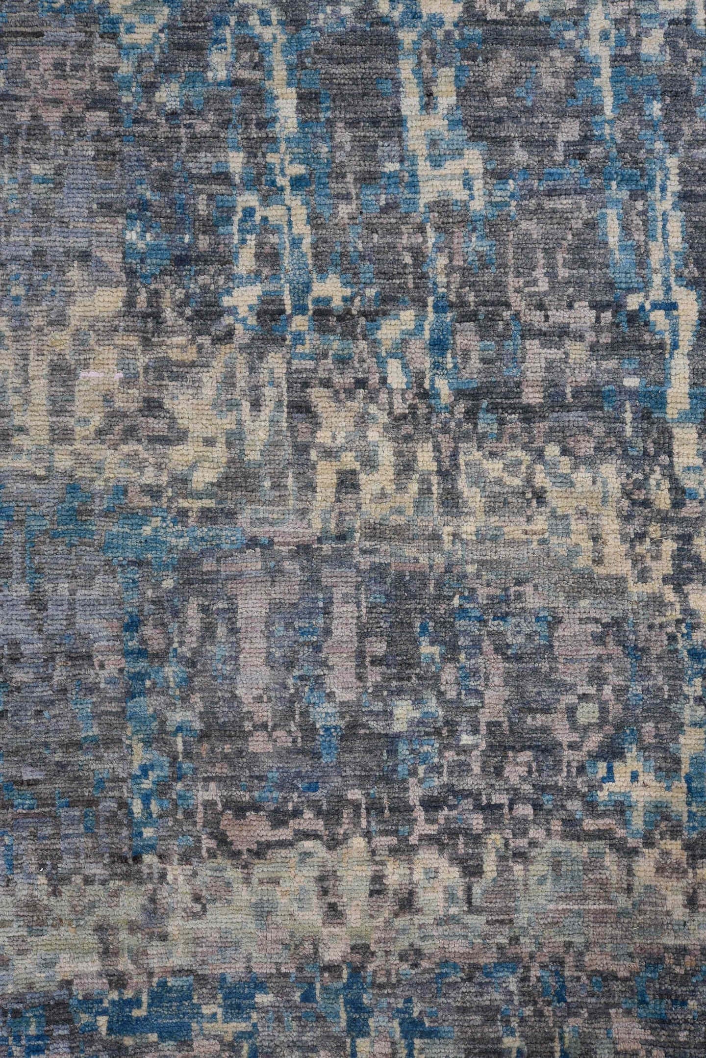 9' x 12' one-of-a-kind handmade vintage Afghan large size rug. Color palette: gray, blue, ivory, charcoal, slate, taupe