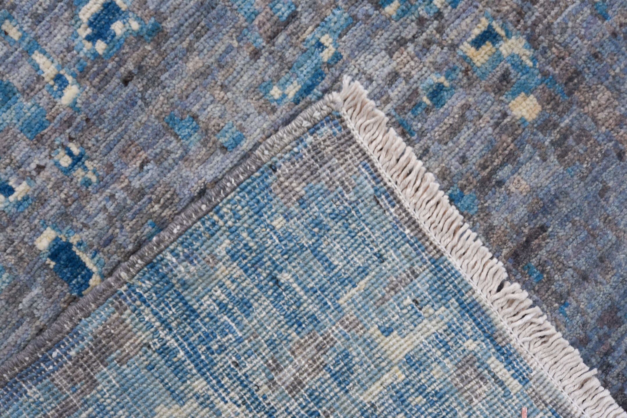9' x 12' one-of-a-kind handmade vintage Afghan large size rug. Color palette: gray, blue, ivory, charcoal, slate, taupe