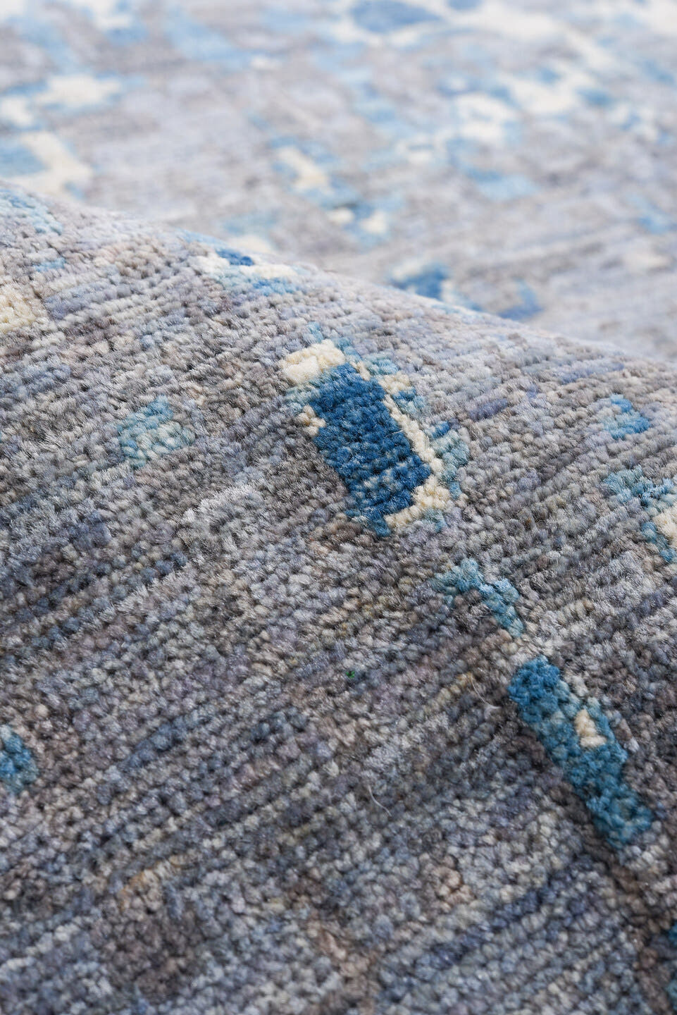 9' x 12' one-of-a-kind handmade vintage Afghan large size rug. Color palette: gray, blue, ivory, charcoal, slate, taupe