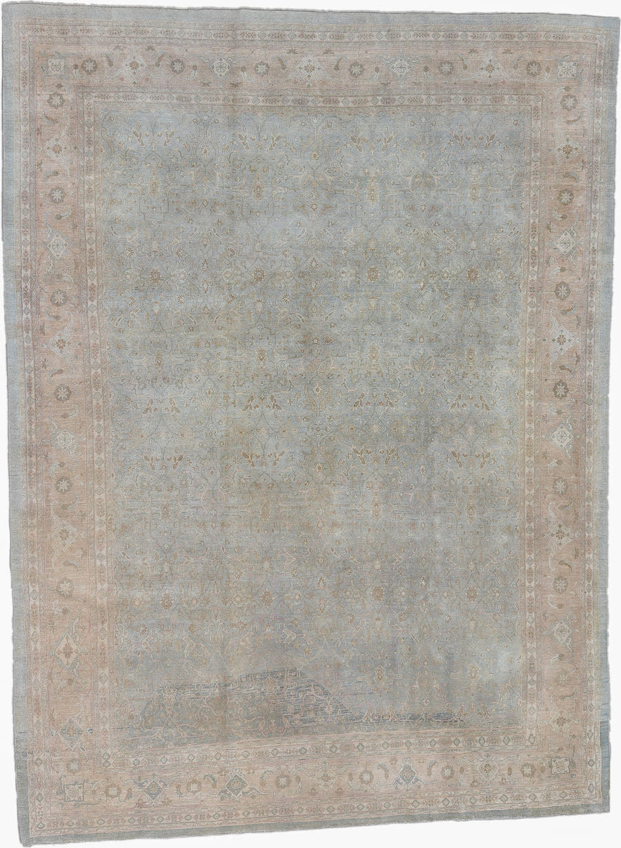 8' x 11' one-of-a-kind handmade vintage Afghan large size rug. Color palette: pale blue, blush, ivory, taupe, sage, beige
