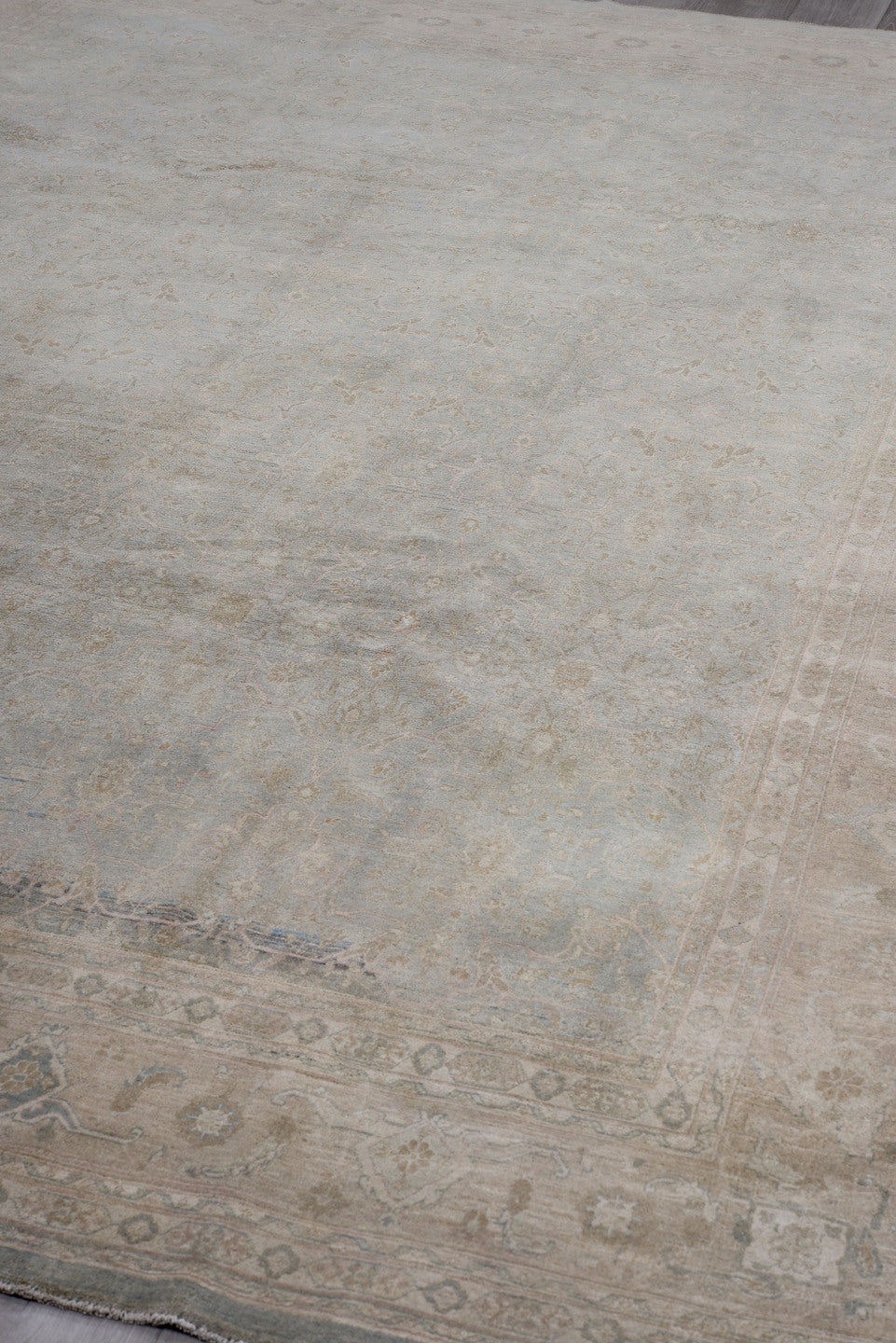 8' x 11' one-of-a-kind handmade vintage Afghan large size rug. Color palette: pale blue, blush, ivory, taupe, sage, beige