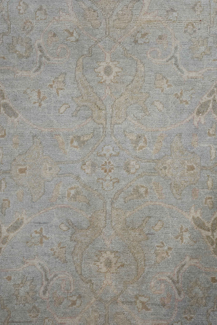 8' x 11' one-of-a-kind handmade vintage Afghan large size rug. Color palette: pale blue, blush, ivory, taupe, sage, beige