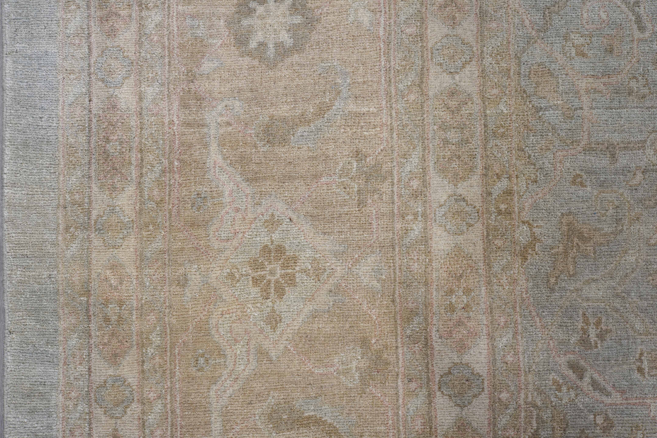 8' x 11' one-of-a-kind handmade vintage Afghan large size rug. Color palette: pale blue, blush, ivory, taupe, sage, beige