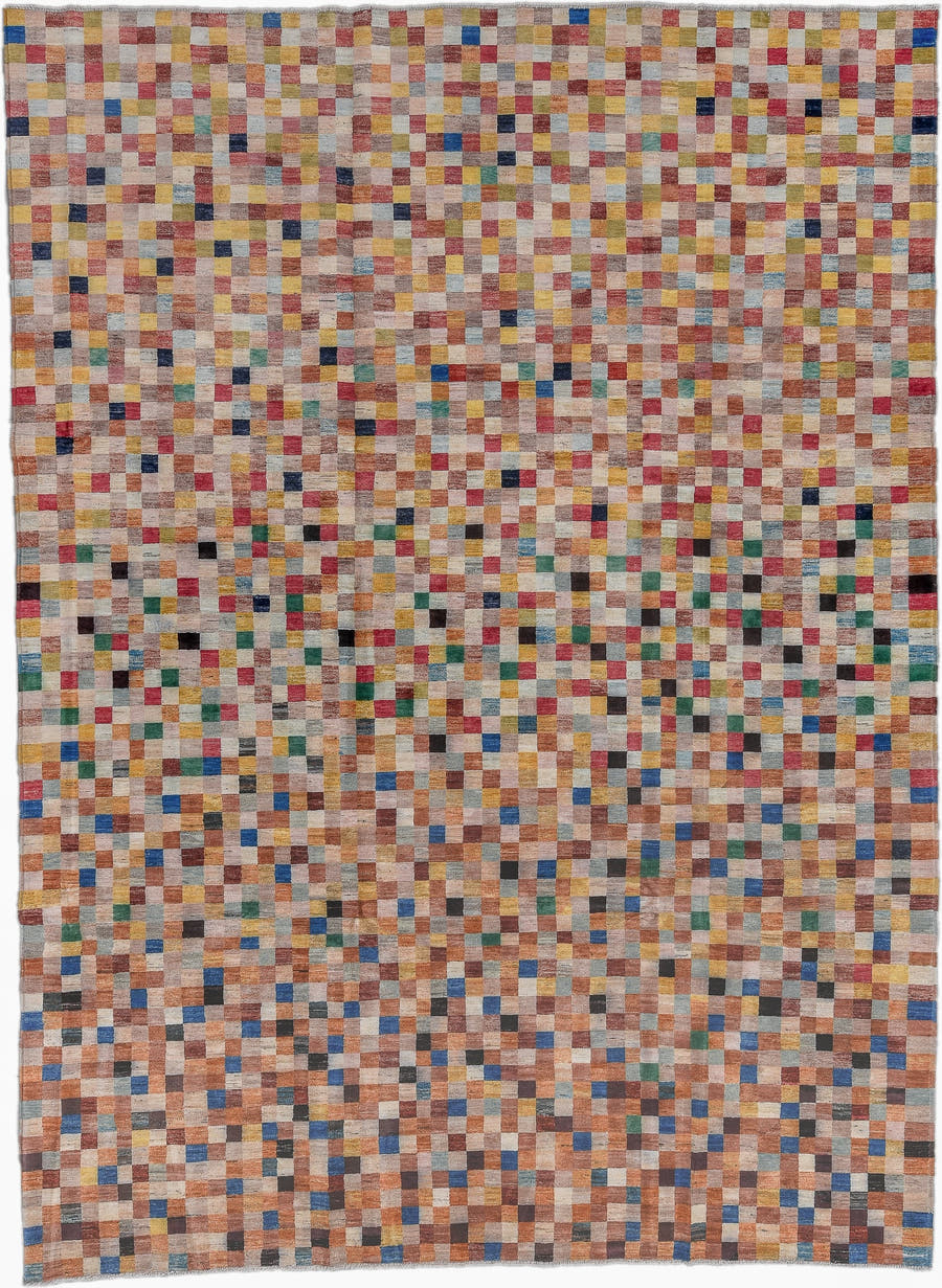 8' x 11' one-of-a-kind handmade vintage Afghan large size rug. Color palette: terra cotta, ivory, camel, gold, slate, teal