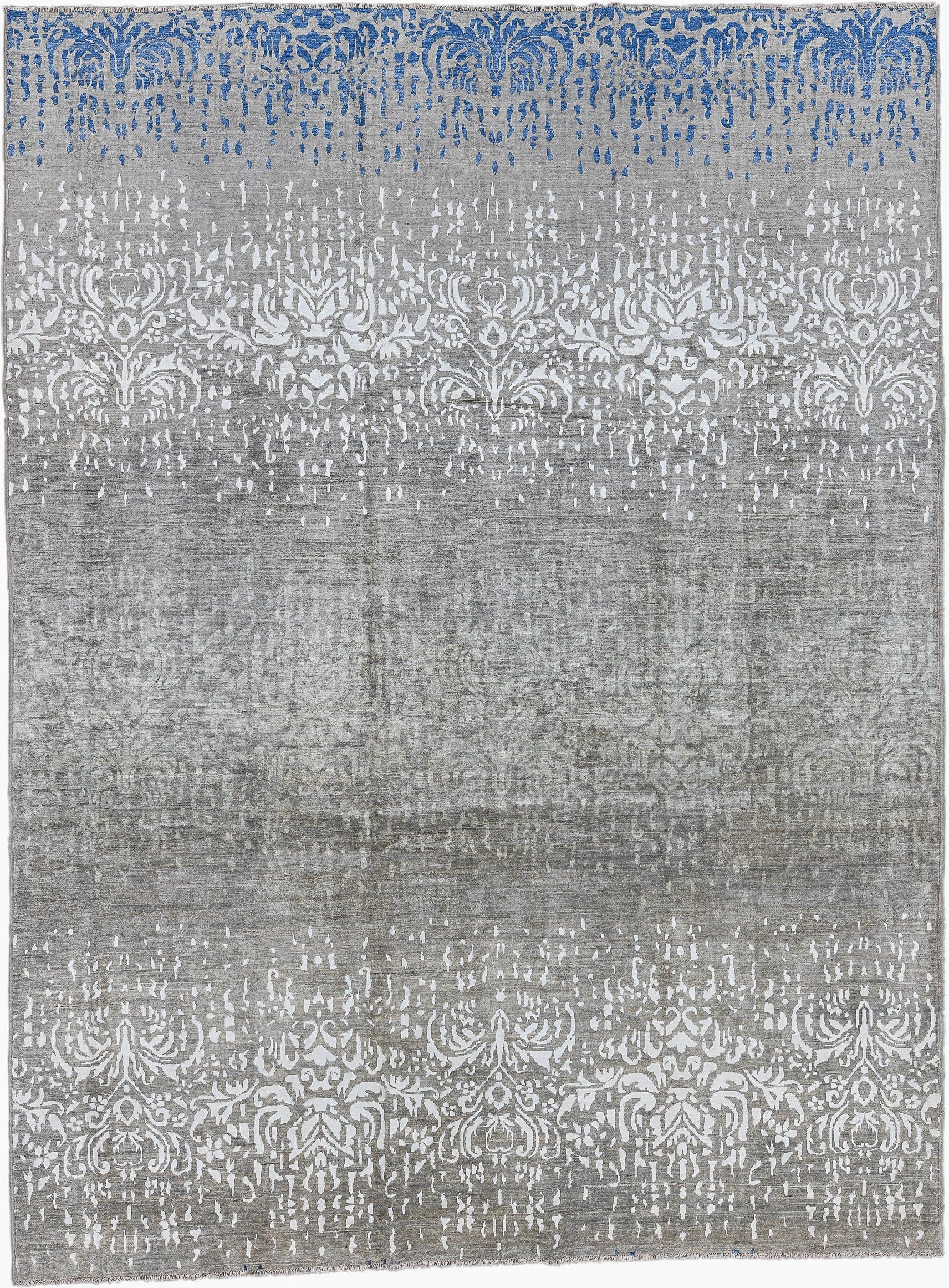 9' x 12' one-of-a-kind handmade vintage Afghan large size rug. Color palette: gray, ivory, blue, silver