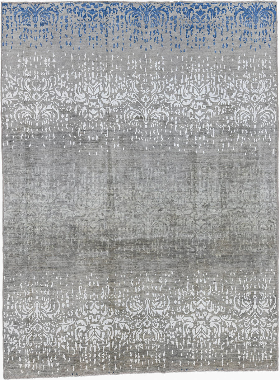 9' x 12' one-of-a-kind handmade vintage Afghan large size rug. Color palette: gray, ivory, blue, silver