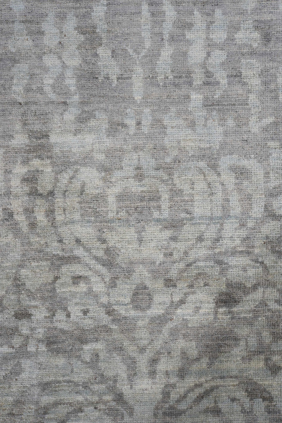 9' x 12' one-of-a-kind handmade vintage Afghan large size rug. Color palette: gray, ivory, blue, silver