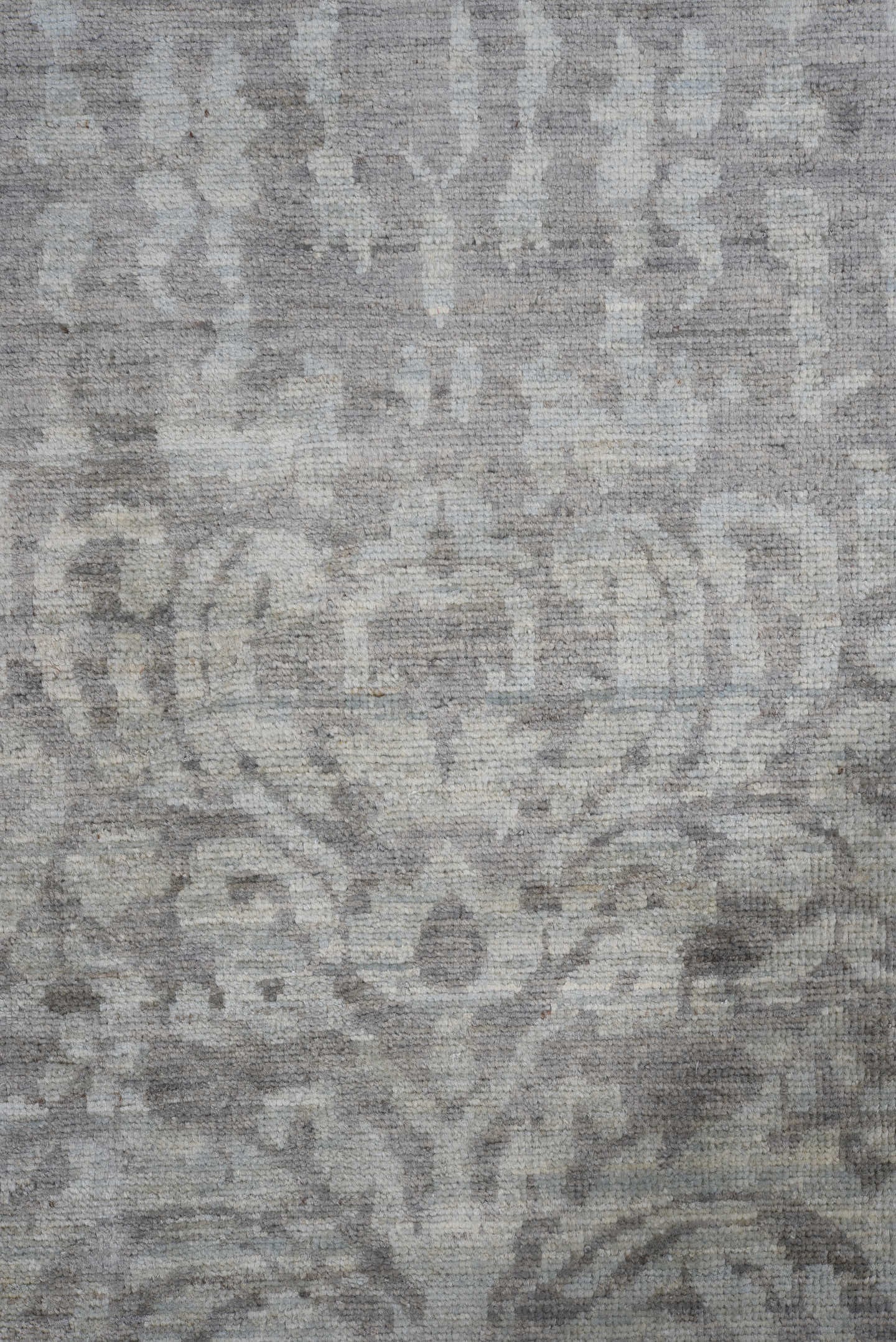 9' x 12' one-of-a-kind handmade vintage Afghan large size rug. Color palette: gray, ivory, blue, silver