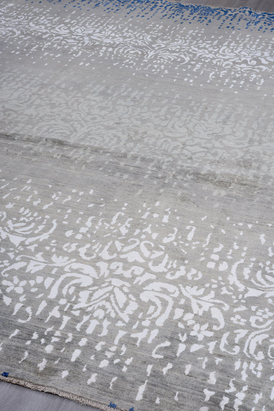 9' x 12' one-of-a-kind handmade vintage Afghan large size rug. Color palette: gray, ivory, blue, silver