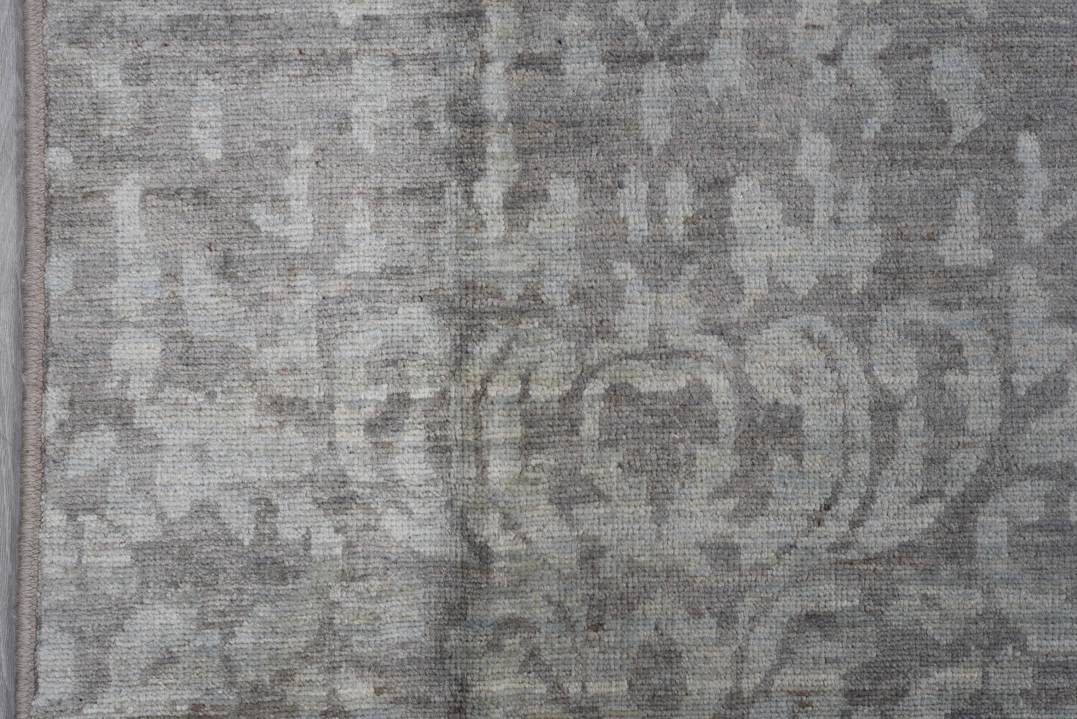 9' x 12' one-of-a-kind handmade vintage Afghan large size rug. Color palette: gray, ivory, blue, silver
