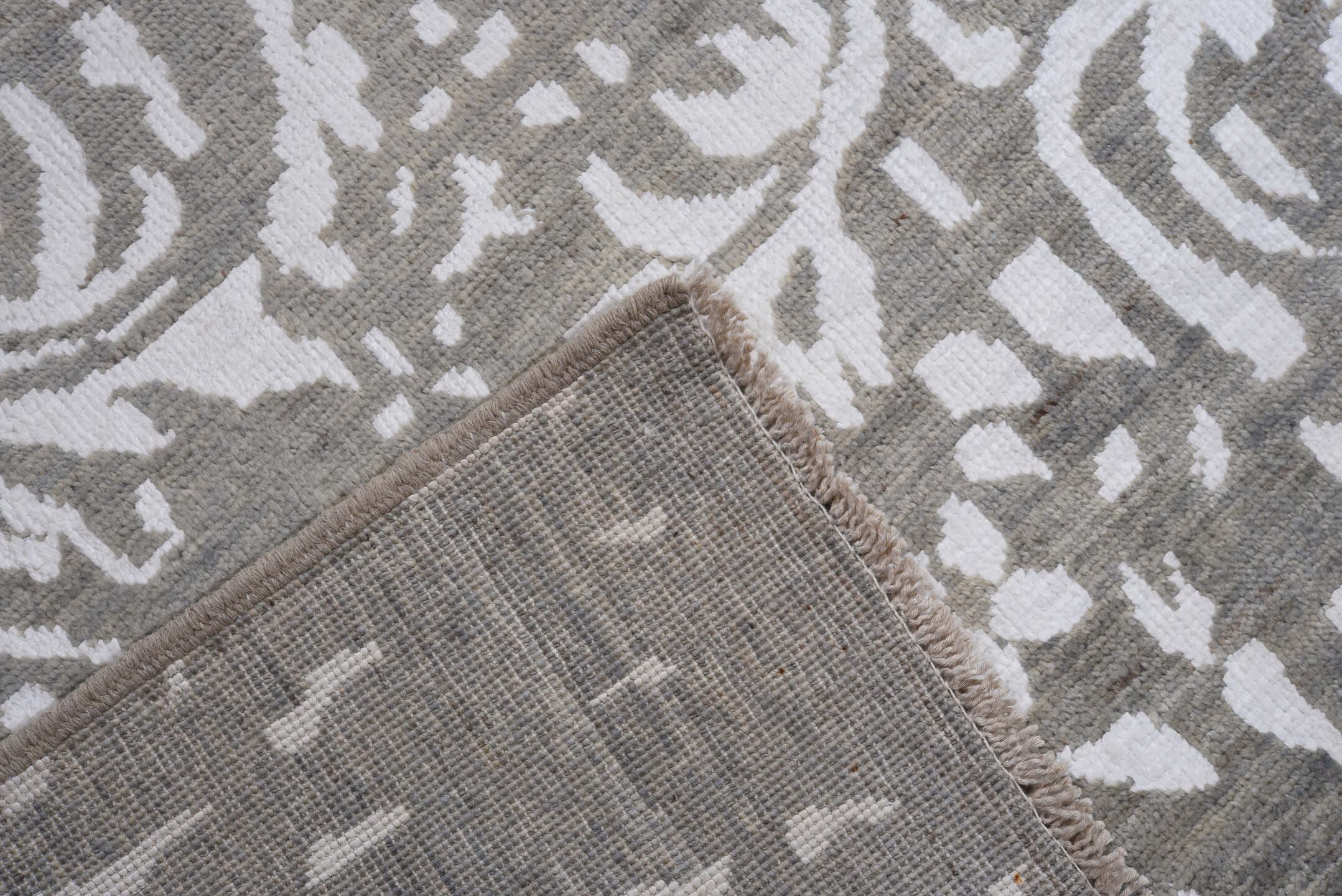 9' x 12' one-of-a-kind handmade vintage Afghan large size rug. Color palette: gray, ivory, blue, silver