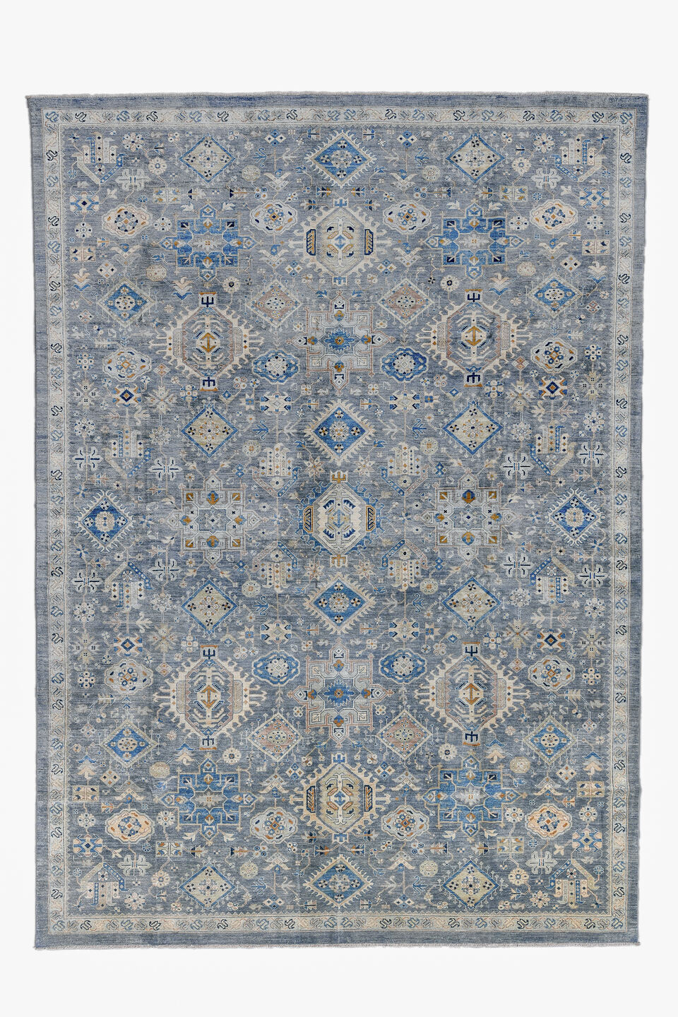 10' x 12' one-of-a-kind handmade vintage Afghan large size rug. Color palette: black, blue, brown, dark gray, gainsboro