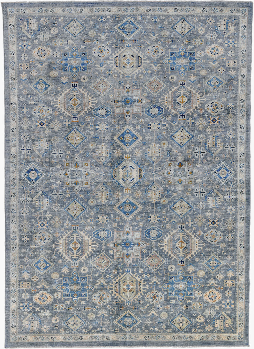 10' x 12' one-of-a-kind handmade vintage Afghan large size rug. Color palette: blue, ivory, gray, beige, camel, navy