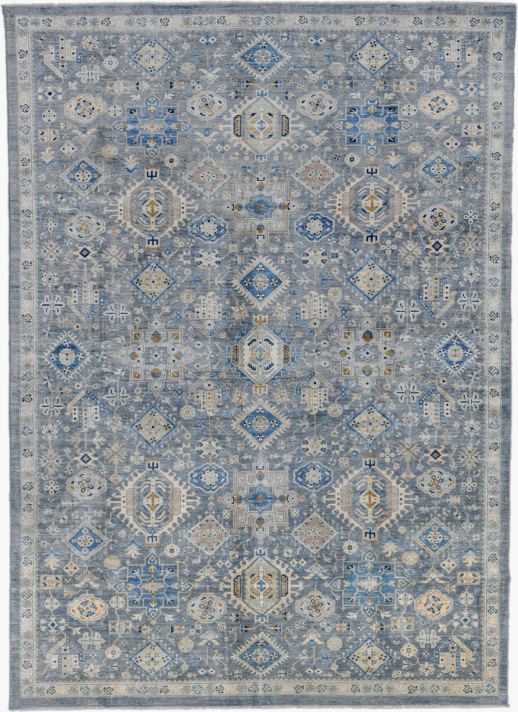 10' x 12' one-of-a-kind handmade vintage Afghan large size rug. Color palette: blue, ivory, gray, beige, camel, navy